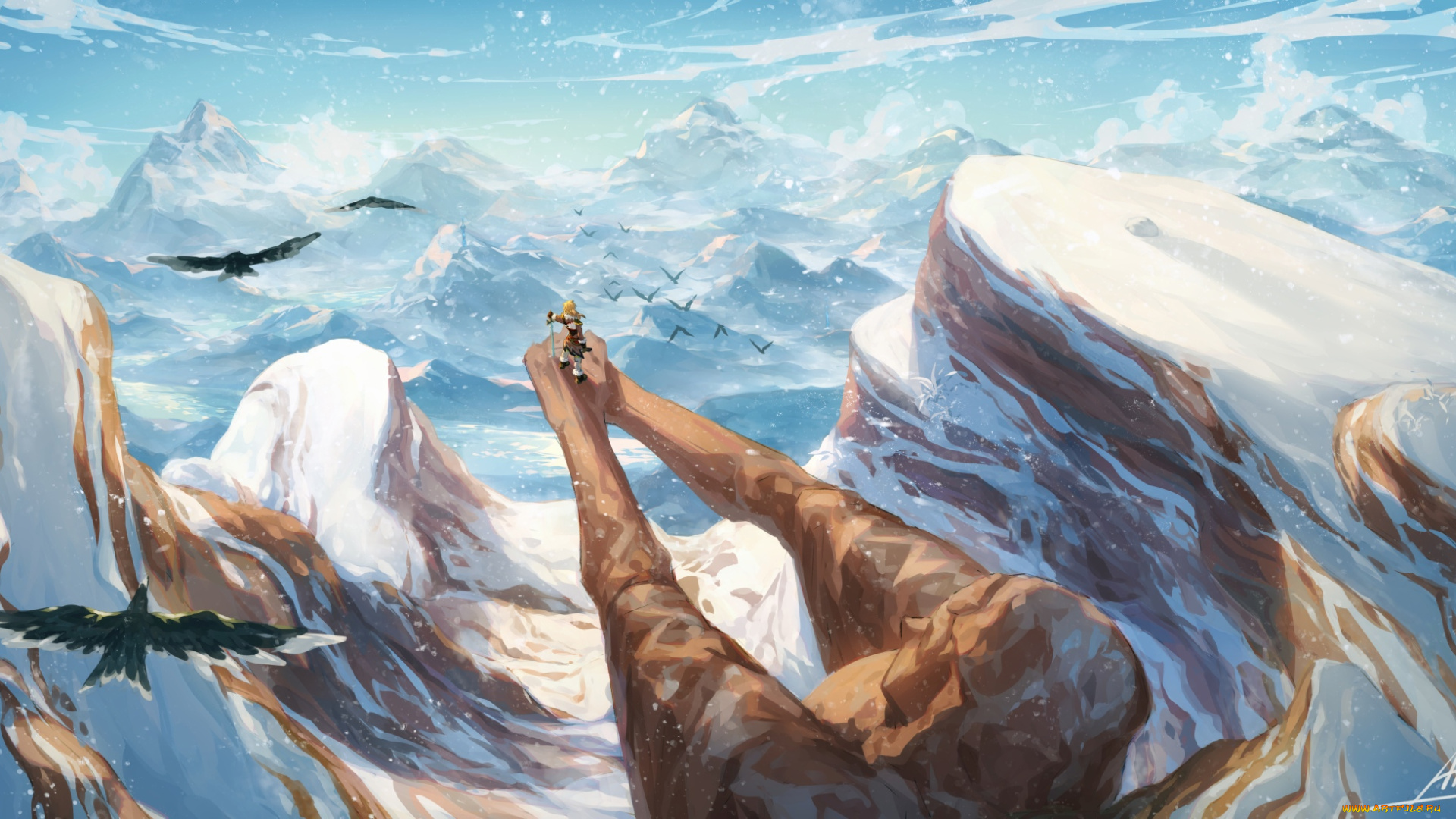 видео, игры, the, legend, of, zelda, линк, статуя, горы, снег, птицы