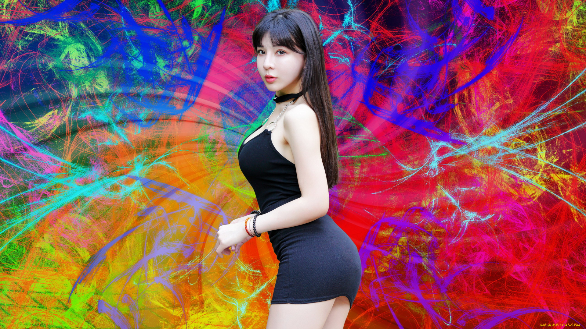 девушки, -, азиатки, азиатка, фон, черное, платье, мини