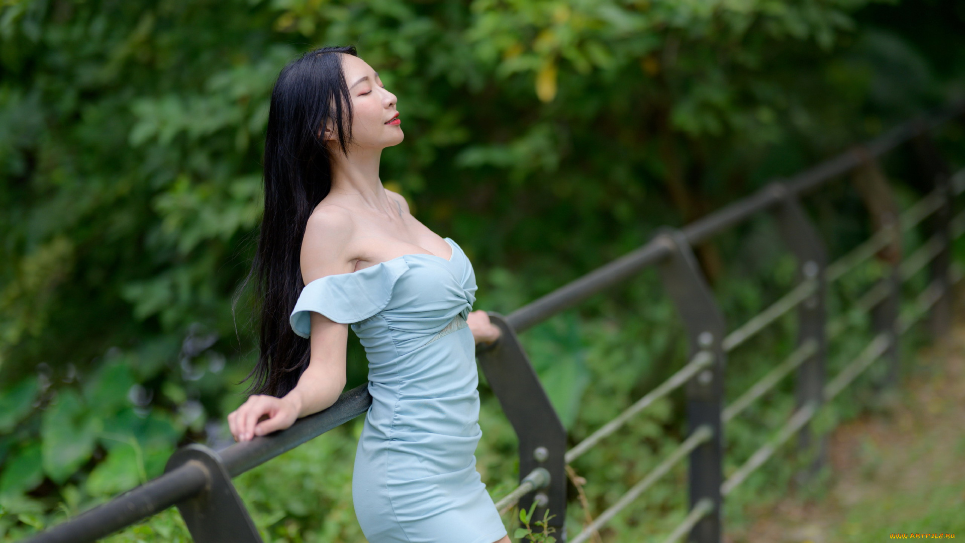 девушки, -, азиатки, азиатка, платье, мини, поза, закрытые, глаза