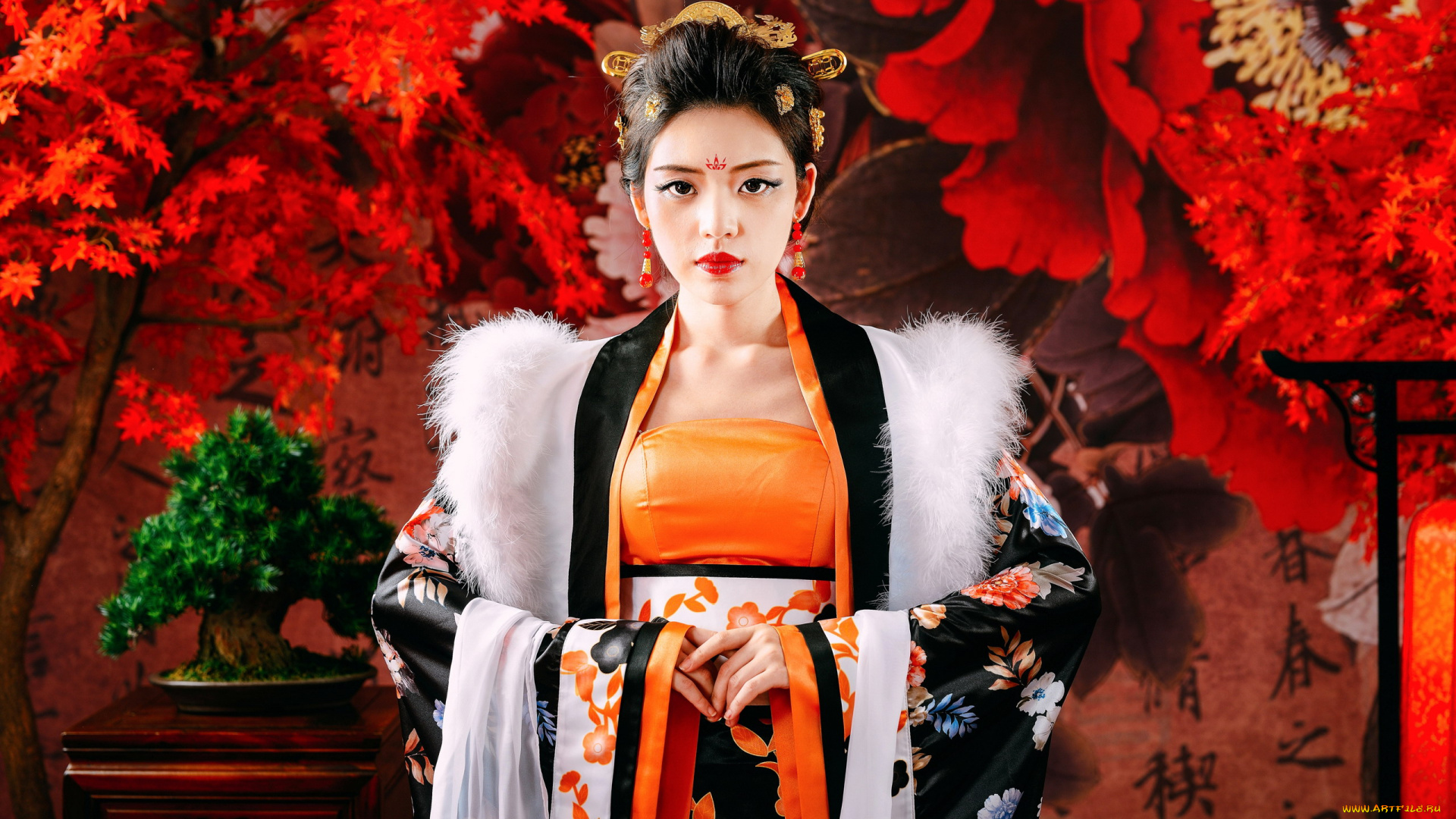 kiki, hsieh, девушки, азиатка, бонсай, национальная, одежда