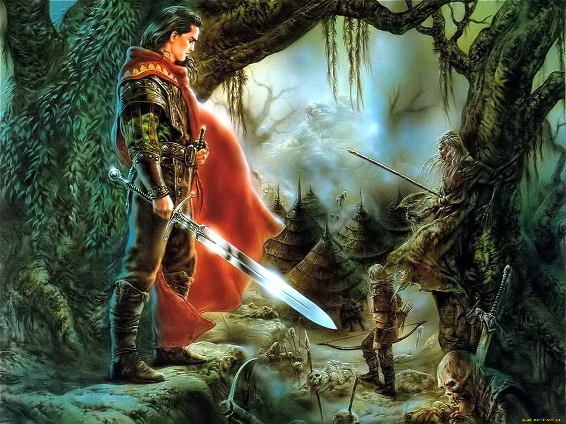 фэнтези, _luis, royo, воин, плащ, меч, селение, скелет