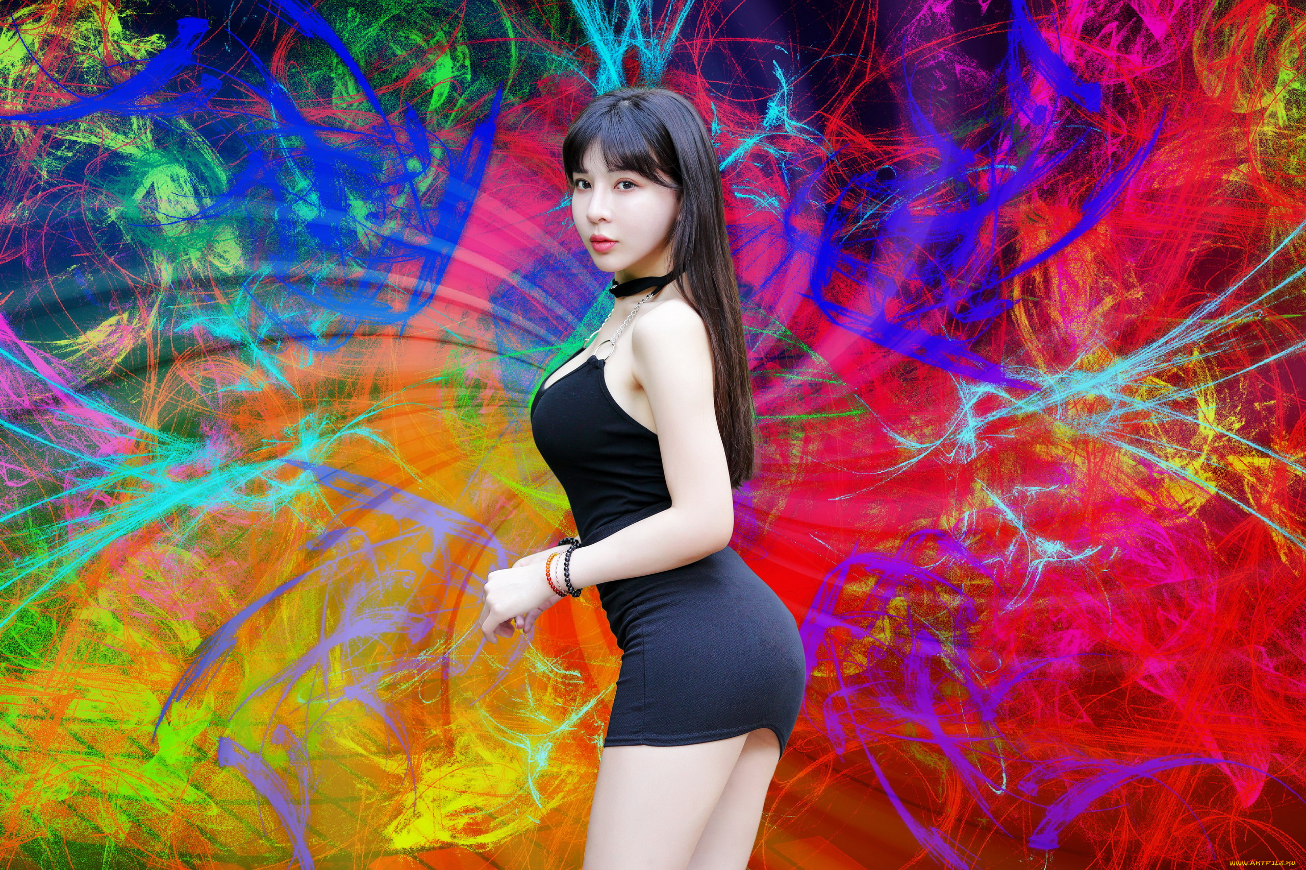 девушки, -, азиатки, азиатка, фон, черное, платье, мини