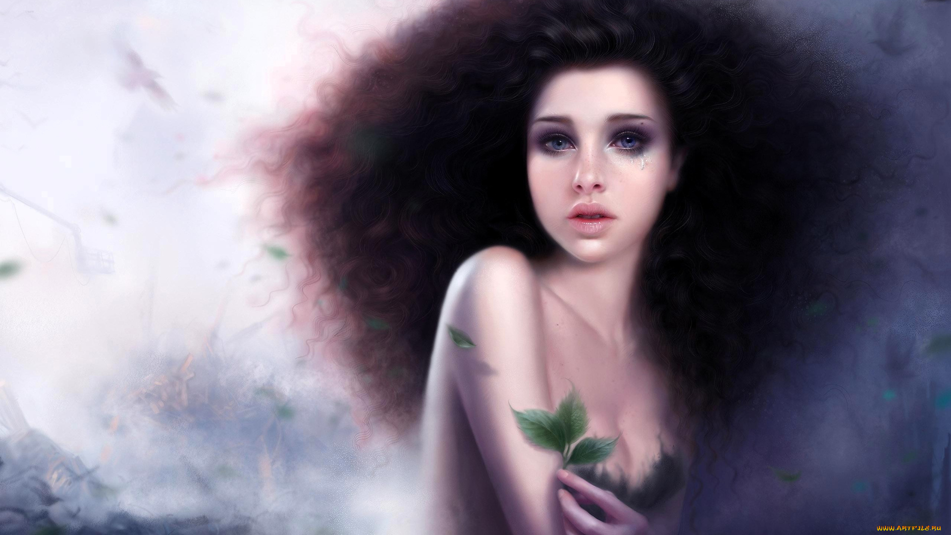 фэнтези, девушки, девушка, листья, туман