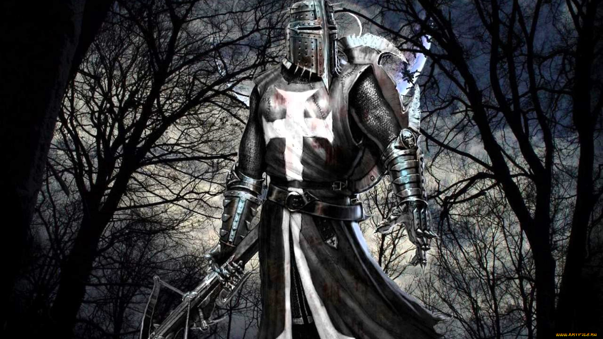 фэнтези, люди, рыцарь, шлем, латы, доспехи, крестоносец, арбалет, деревья, лес