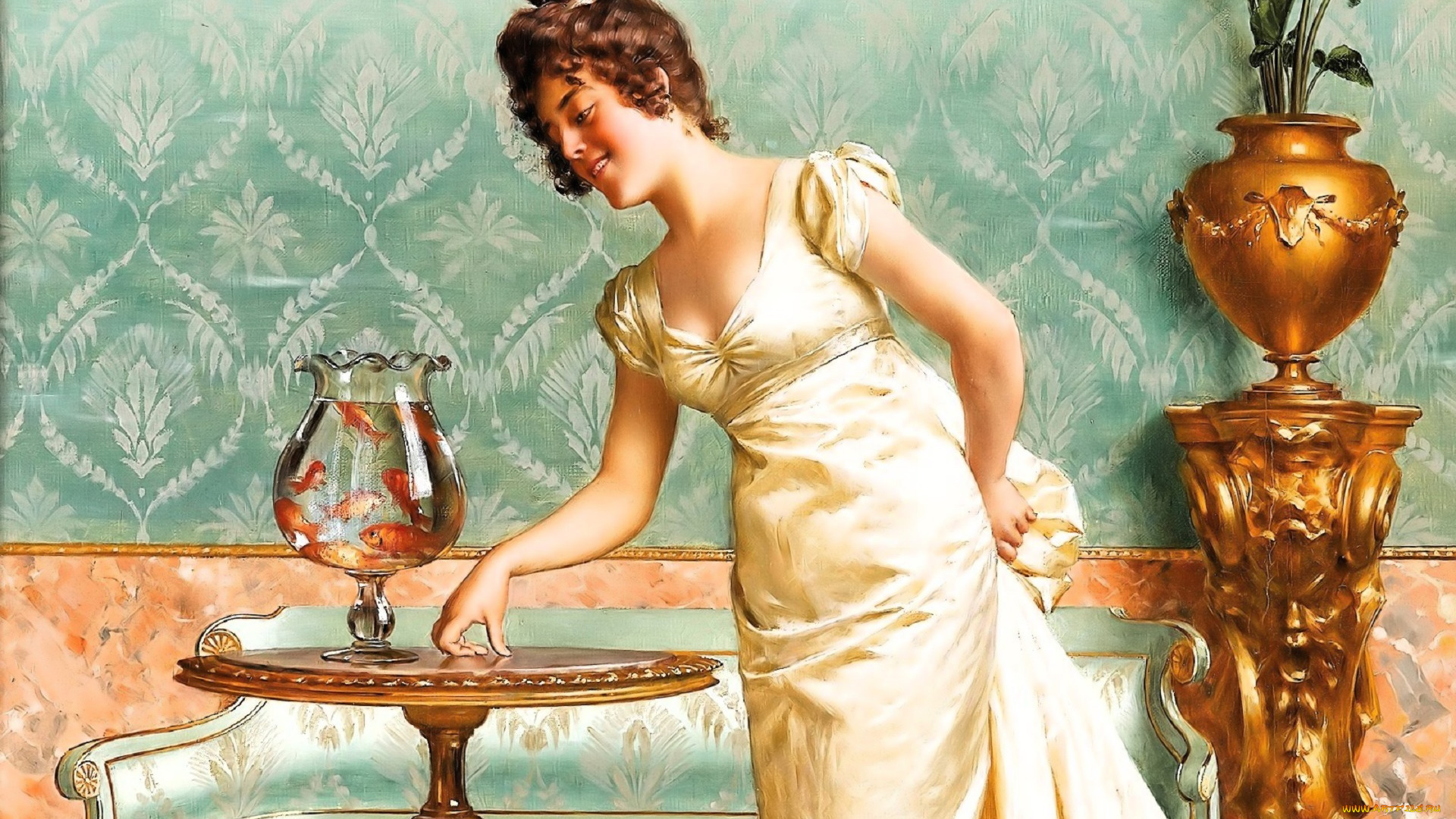 рисованное, vittorio, reggianini, девушка, платье, столик, рыбки, ваза, растение, диван