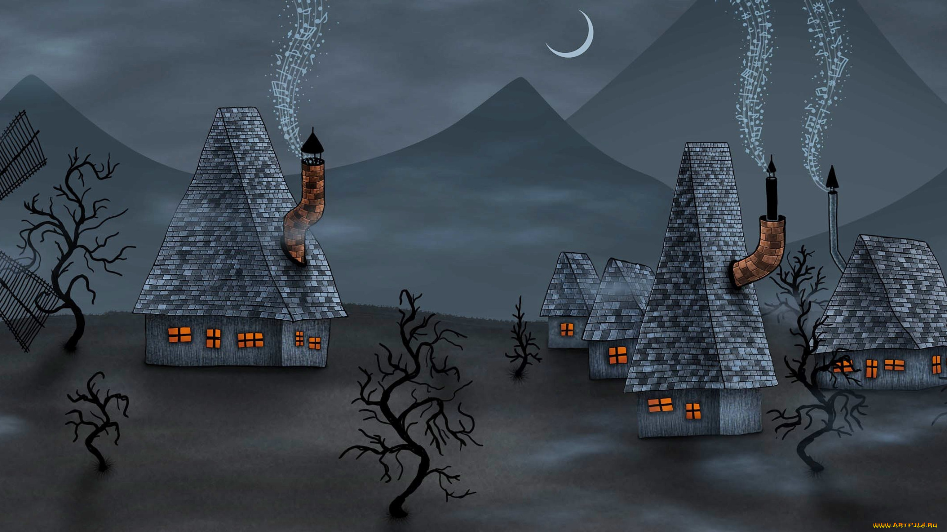 рисованное, vladstudio, горы, месяц, деревья, дома, дым, ноты, мельница