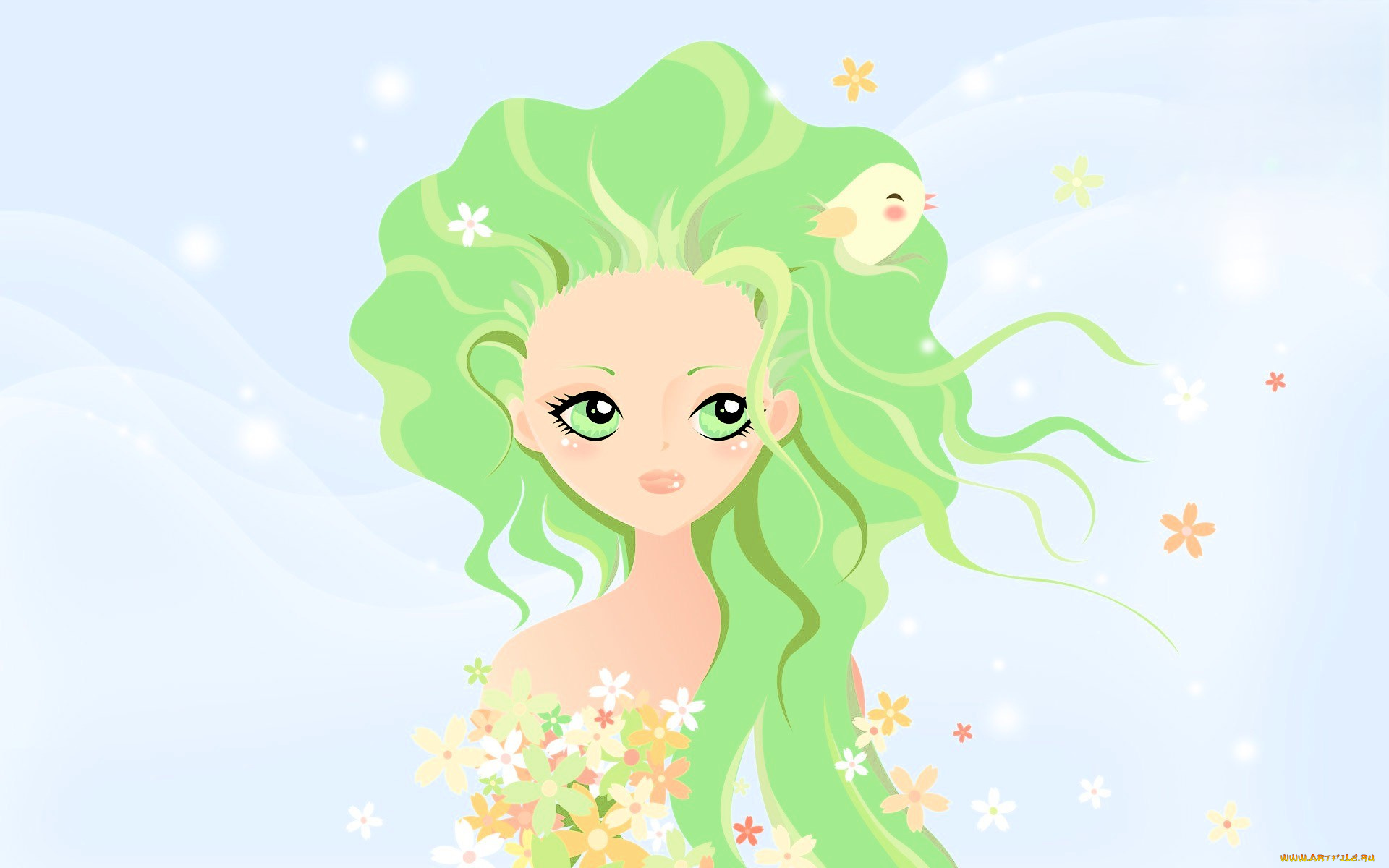векторная, графика, девушки, , girls, девушка, зеленые, волосы, цветы, птица