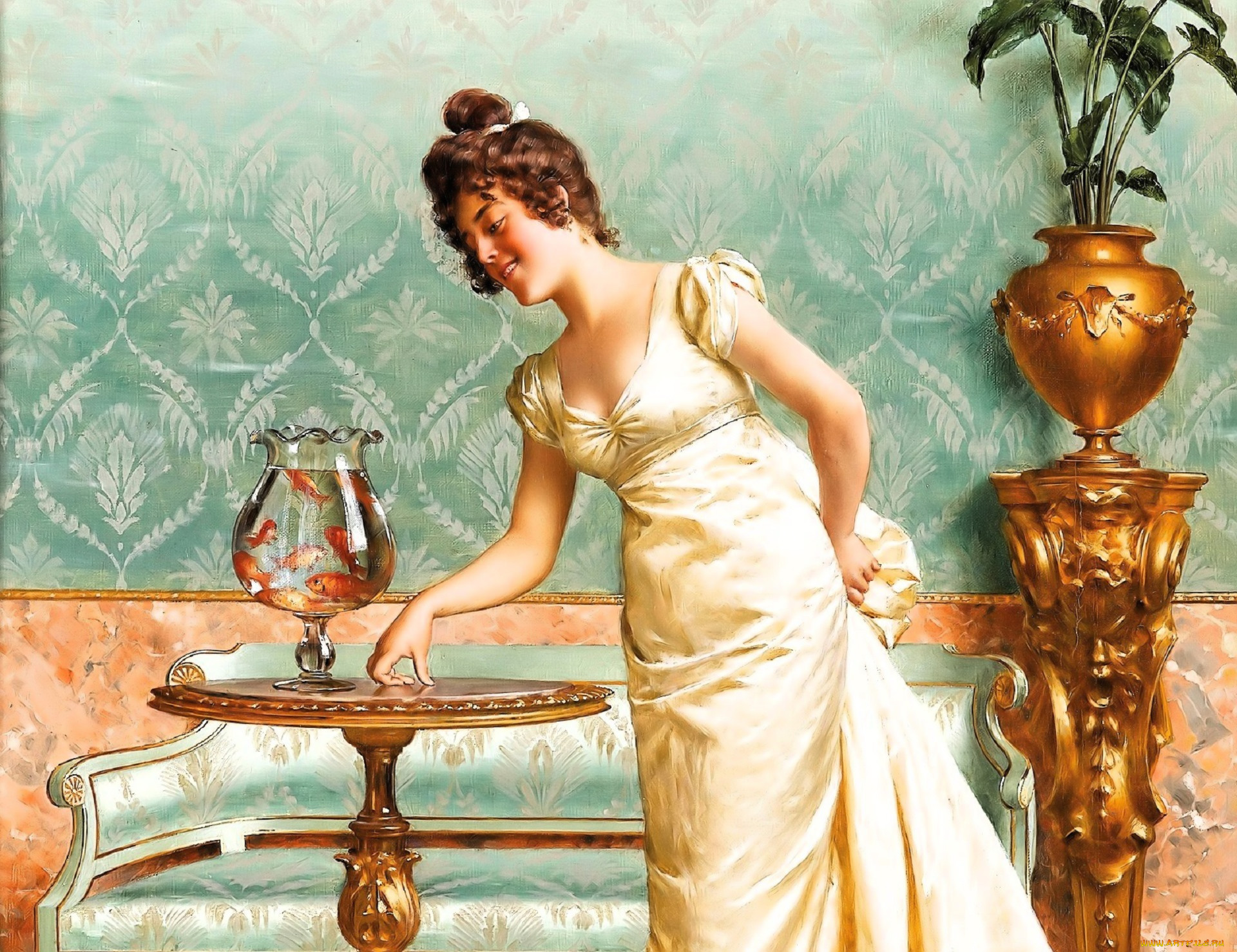 рисованное, vittorio, reggianini, девушка, платье, столик, рыбки, ваза, растение, диван