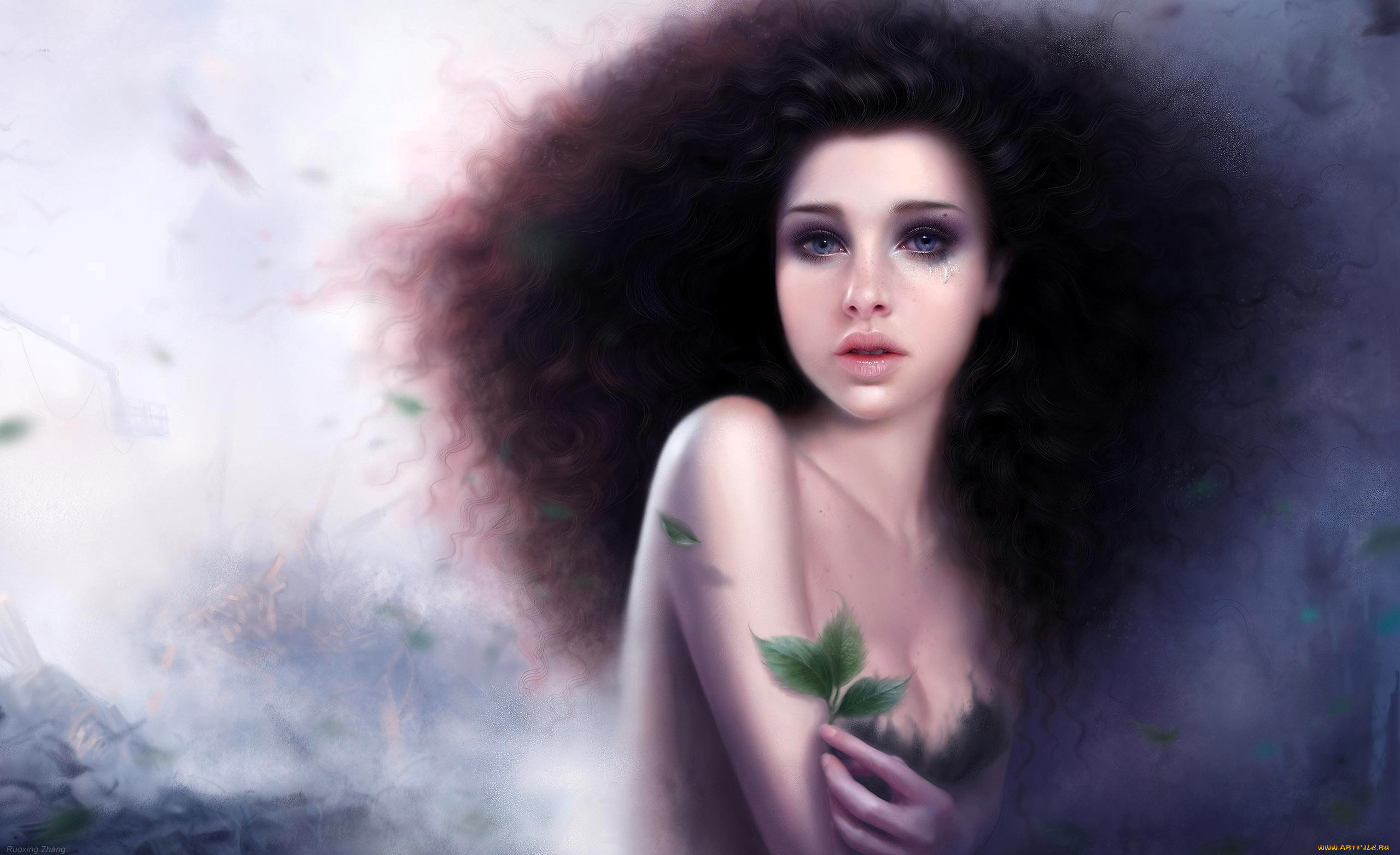 фэнтези, девушки, девушка, листья, туман