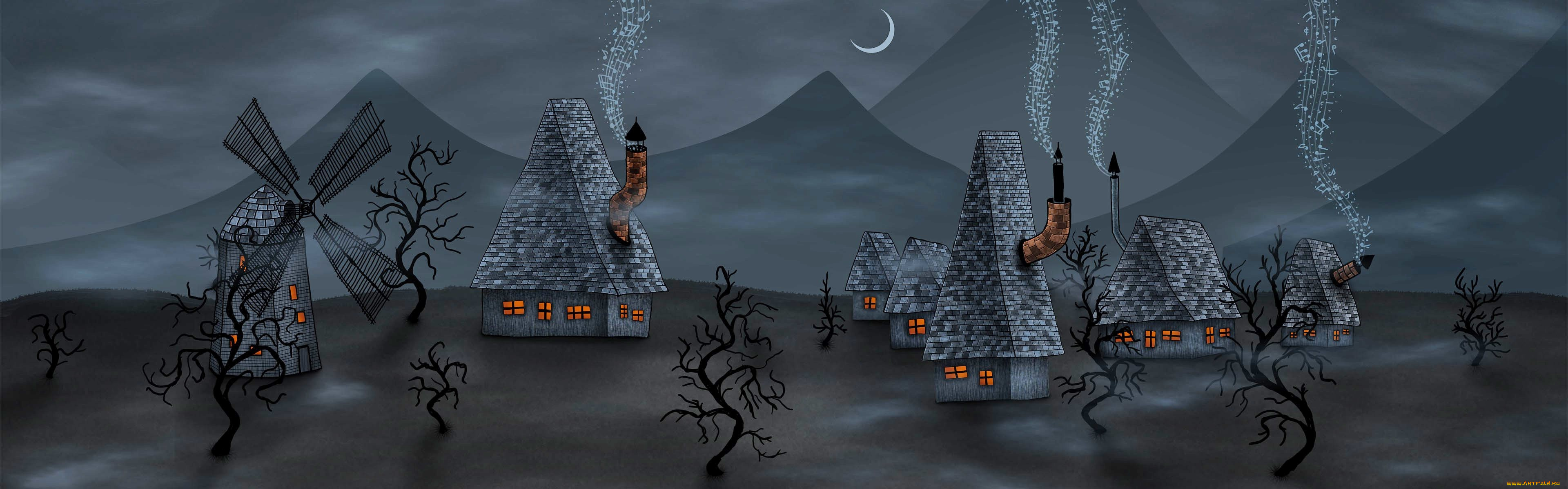 рисованное, vladstudio, горы, месяц, деревья, дома, дым, ноты, мельница