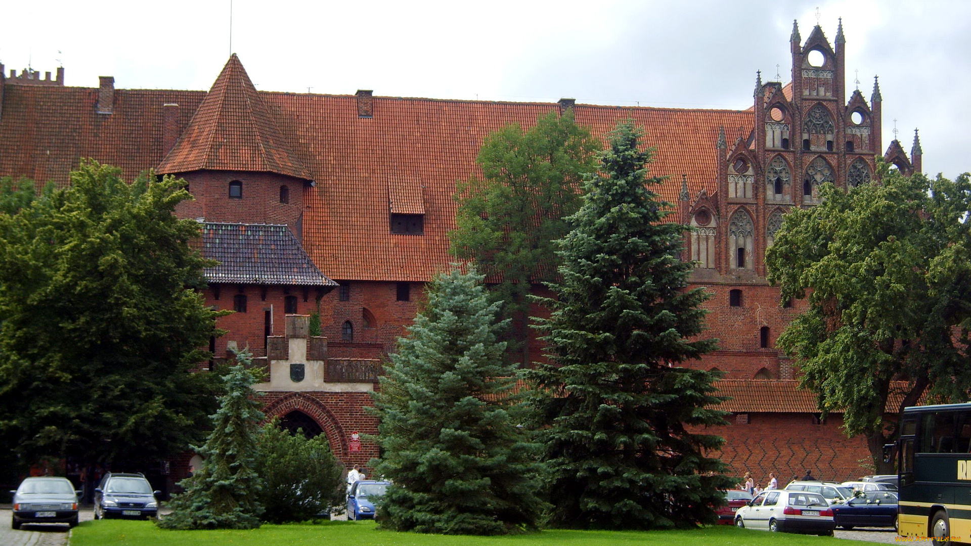 замок, мариенбург, польша, города, дворцы, замки, крепости, ели, лужайка