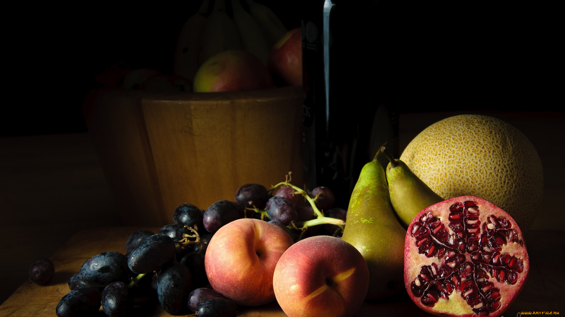 еда, фрукты, ягоды, груши, персики, виноград, гранат, дыня