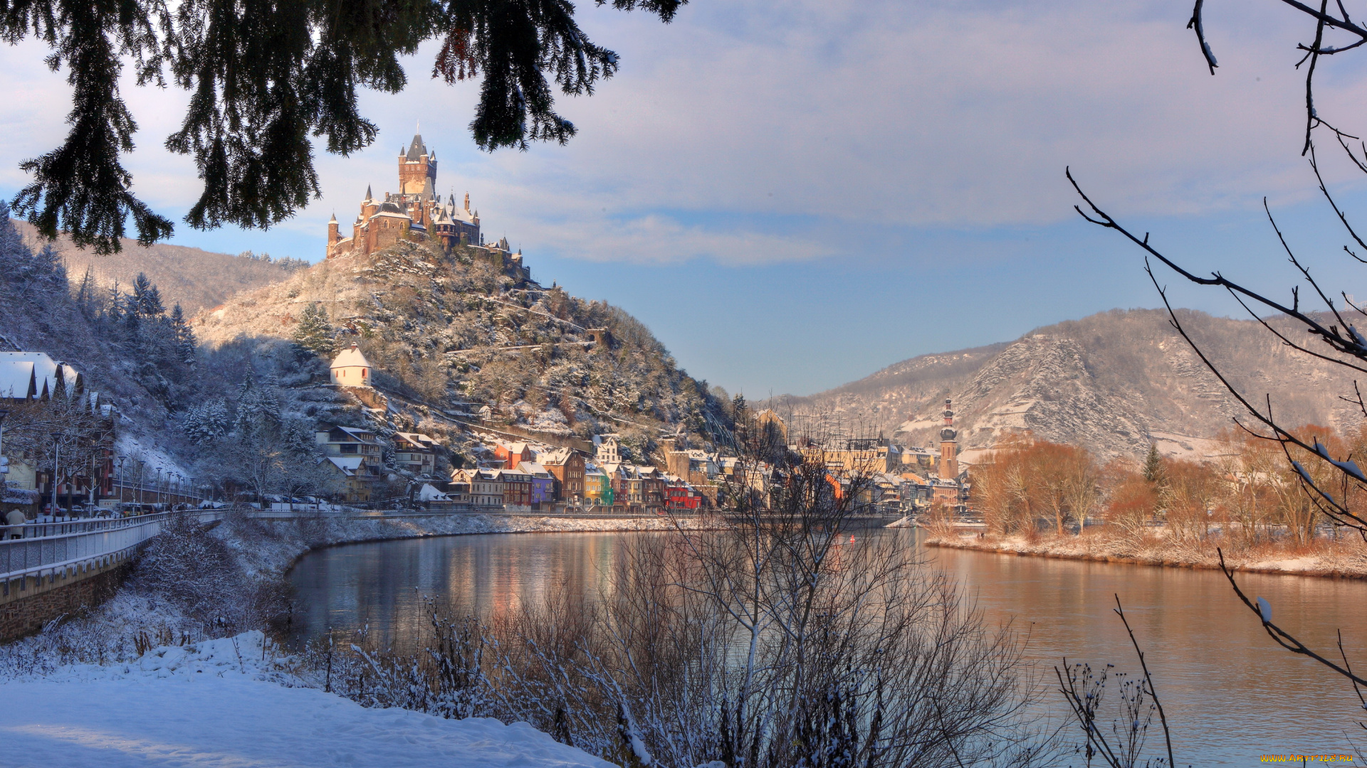 германия, кохем, города, дома, река, пейзаж