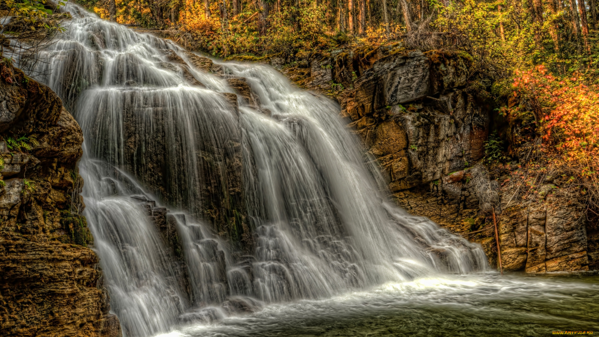 природа, водопады, осень, поток, вода