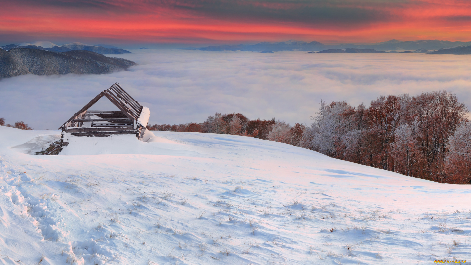 природа, зима, сопки, снег, закат