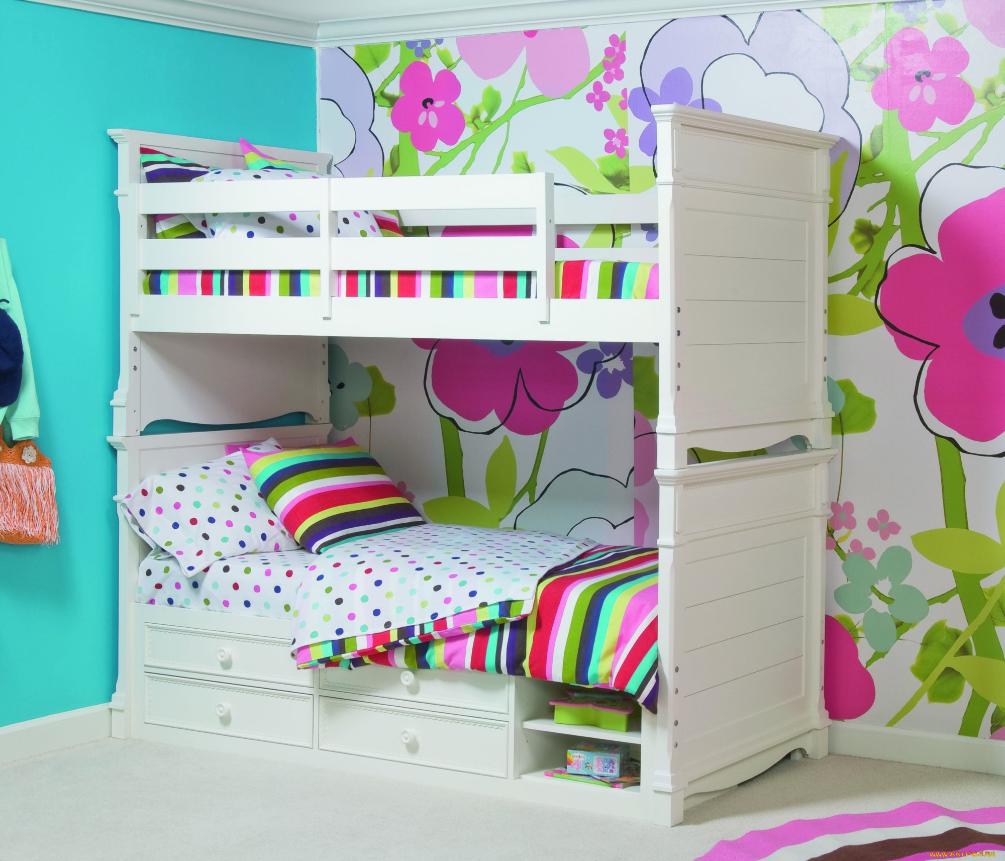 интерьер, детская, комната, подушки, кровать