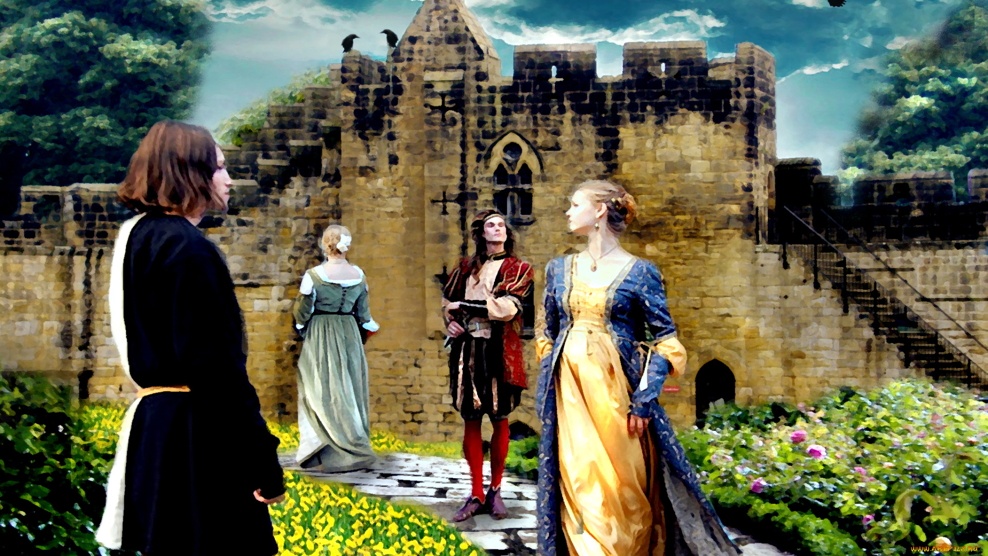 рисованные, люди, ворон, стена