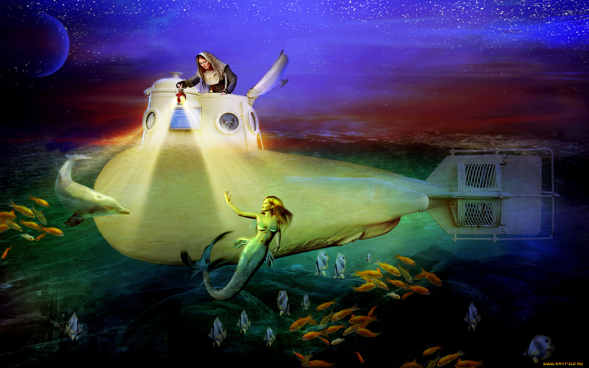фэнтези, русалки, батискаф, рыбы