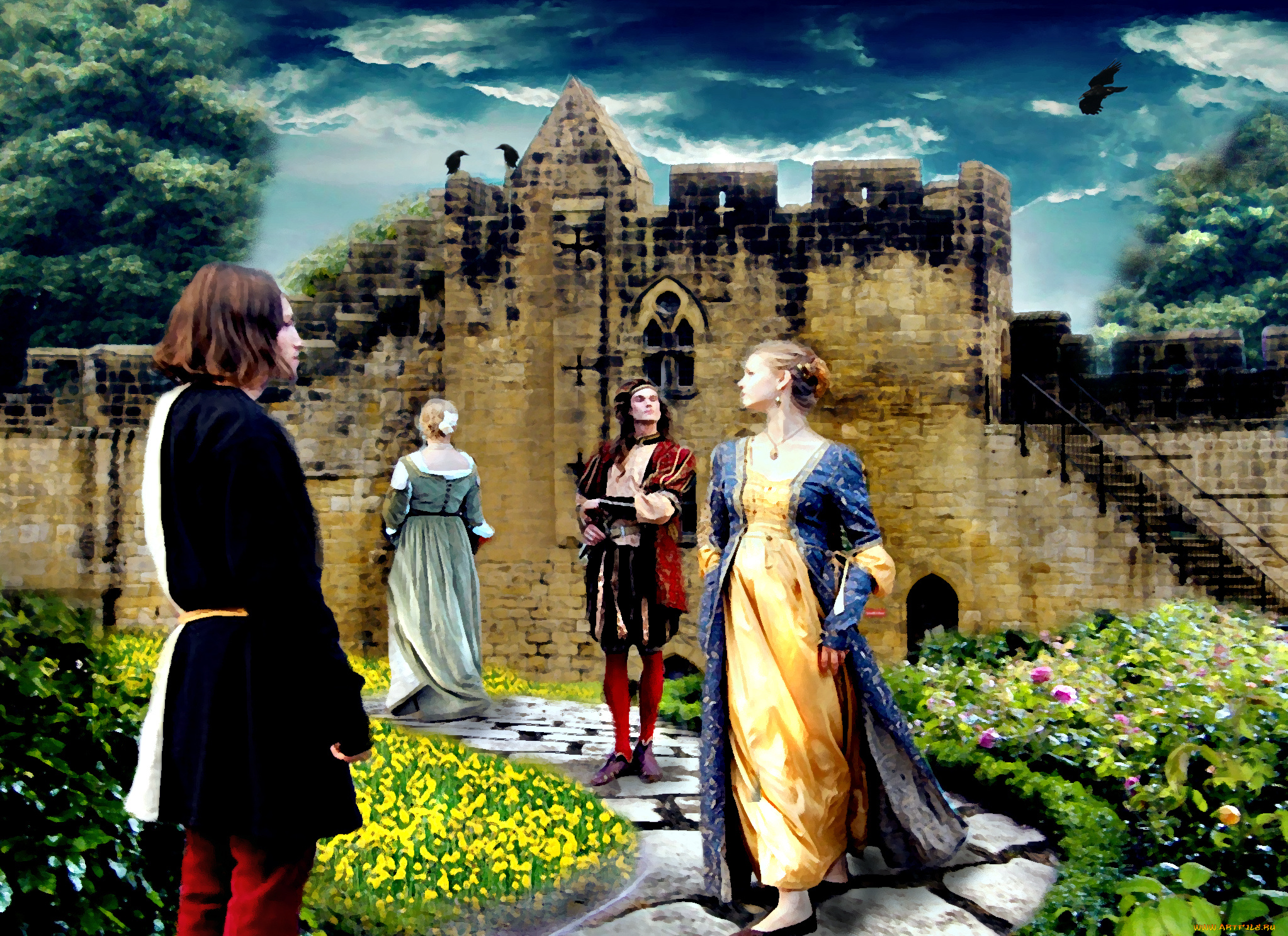 рисованные, люди, ворон, стена