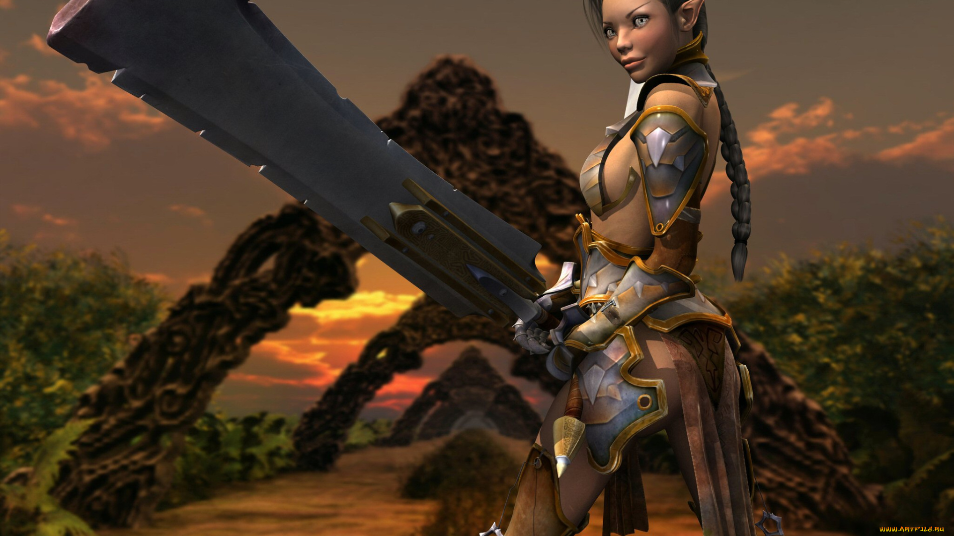 3д, графика, эльфы, , elves, взгляд, фон, оружие, эльфика