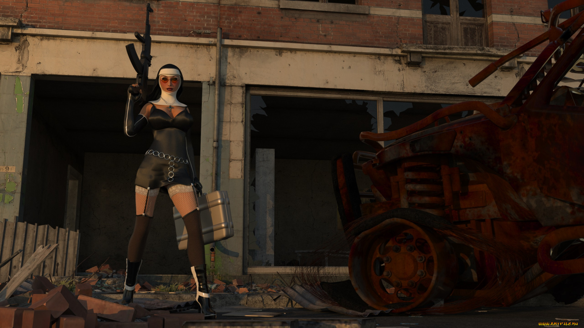 3д, графика, фантазия, , fantasy, автомобиль, монашка, оружие, чемодан