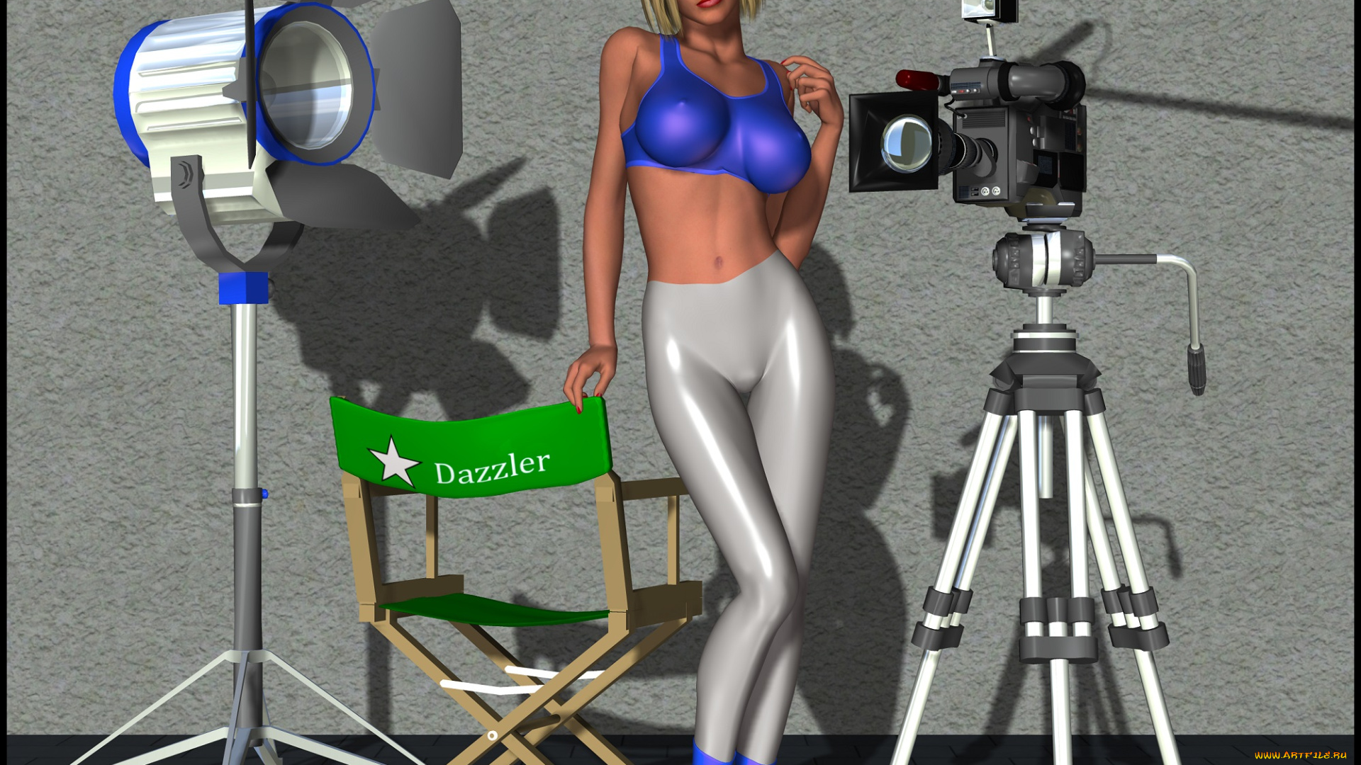 3д, графика, фантазия, , fantasy, девушка, прожектор, фотоаппарат, блондинка, фон, взгляд