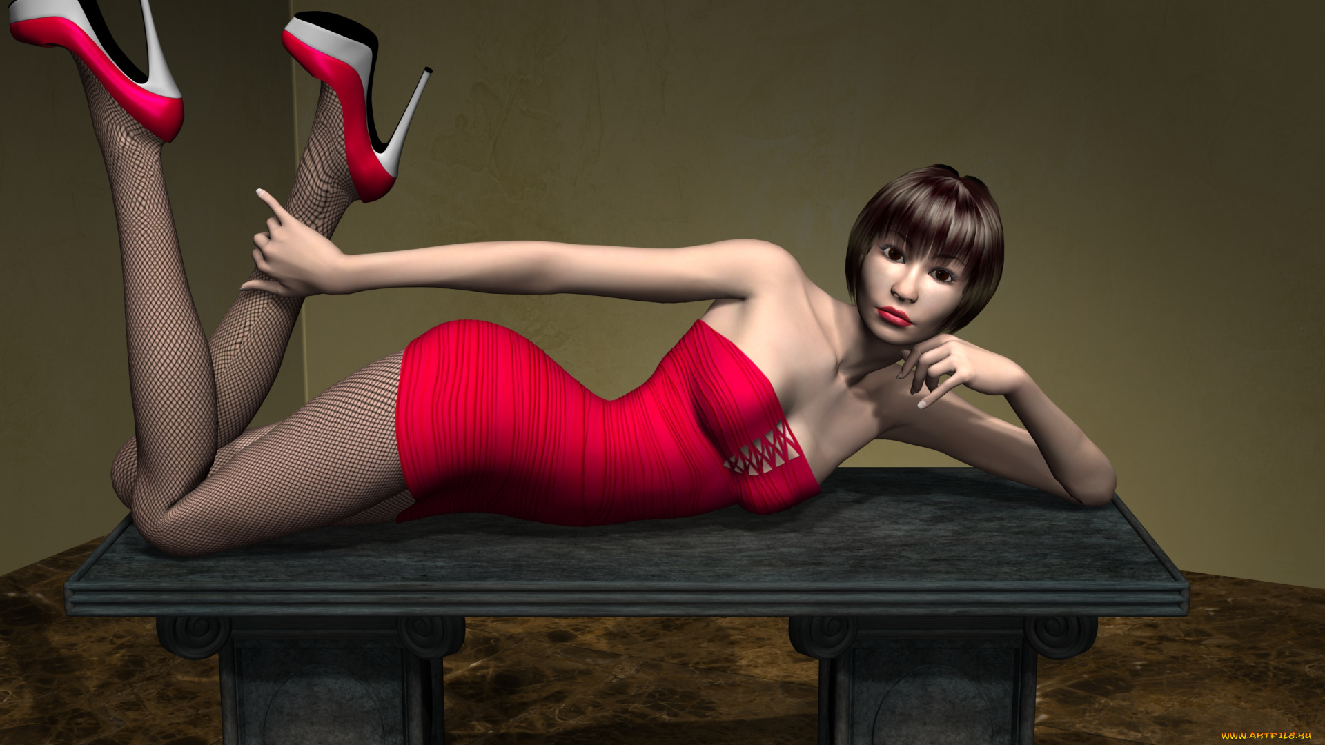 3д, графика, люди, , people, туфли, чулки, платье, фон, взгляд, девушка