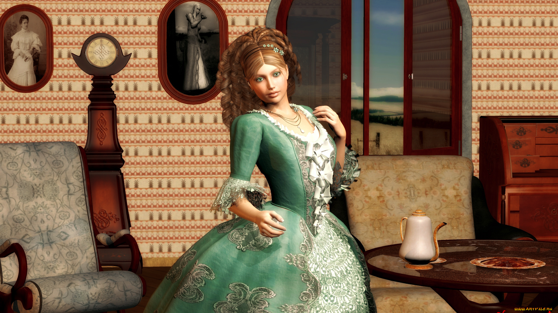 3д, графика, люди, , people, взгляд, чайник, фон, кресло, девушка