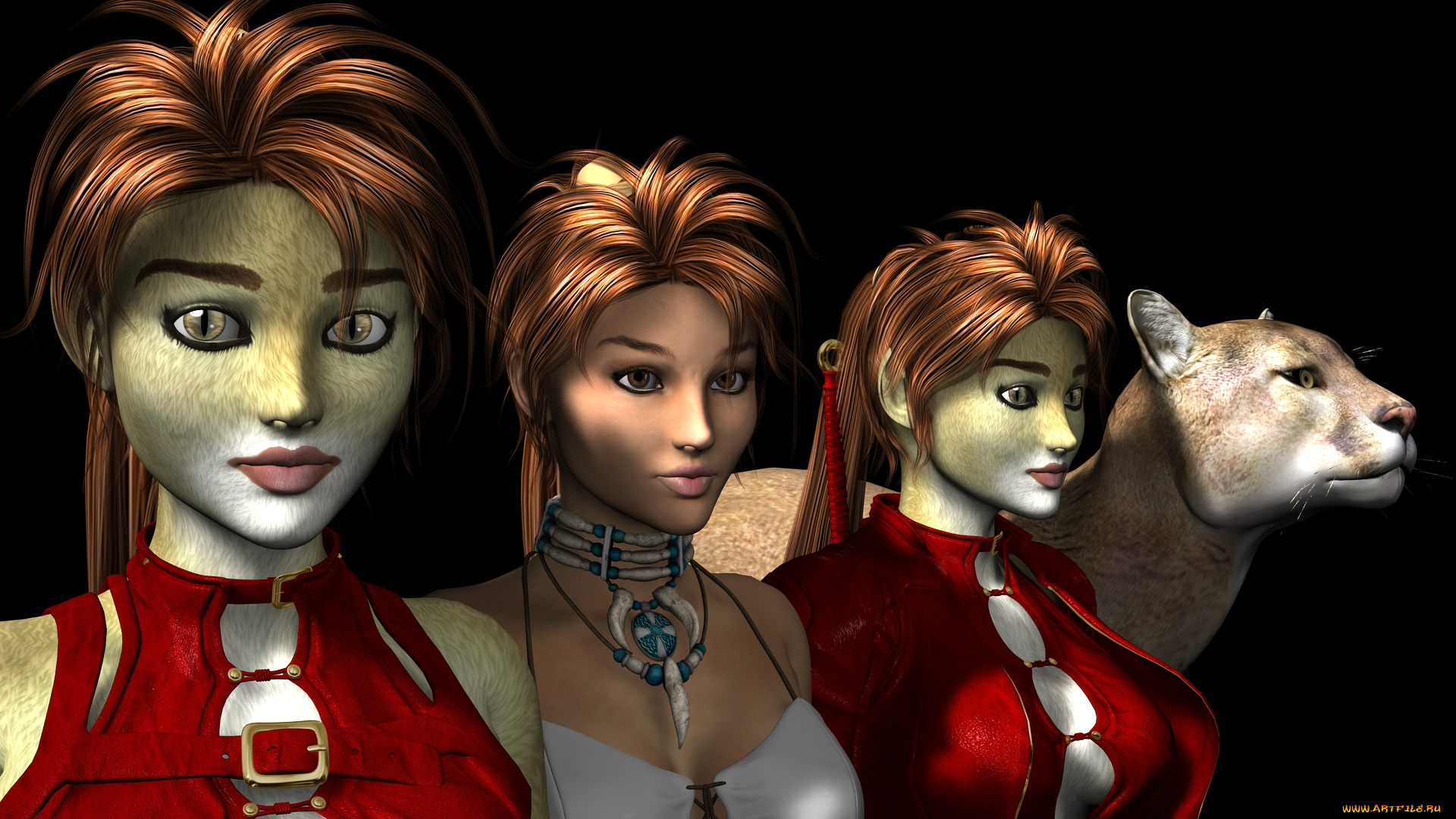 3д, графика, существа, , creatures, ягуар, девушки, взгляд, фон