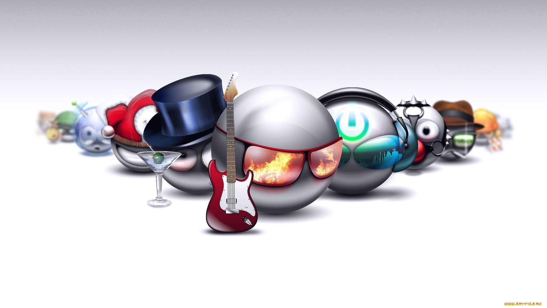 3д, графика, юмор, , humor, смайлы, бокал, шляпа, огонь, очки, гитара, шары, наушники