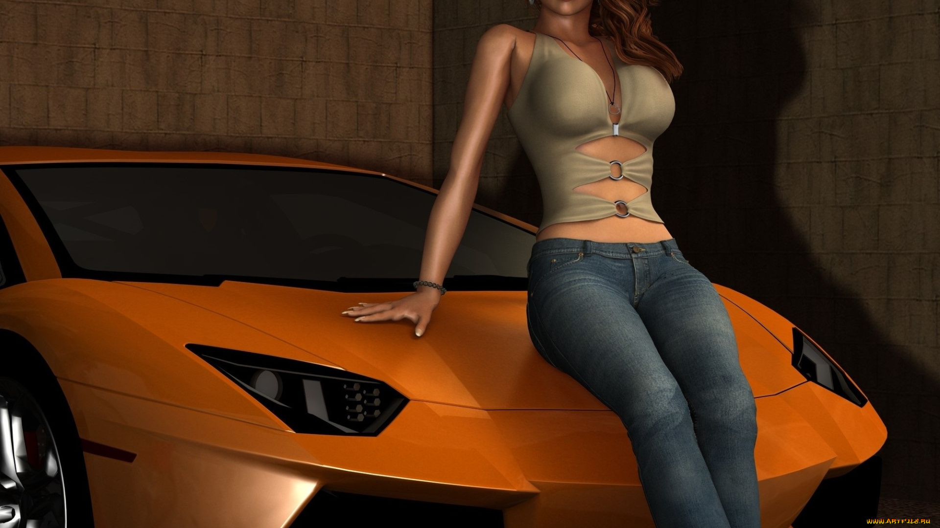автомобили, 3d, car&girl, девушка, взгляд, фон, улыбка, автомобиль