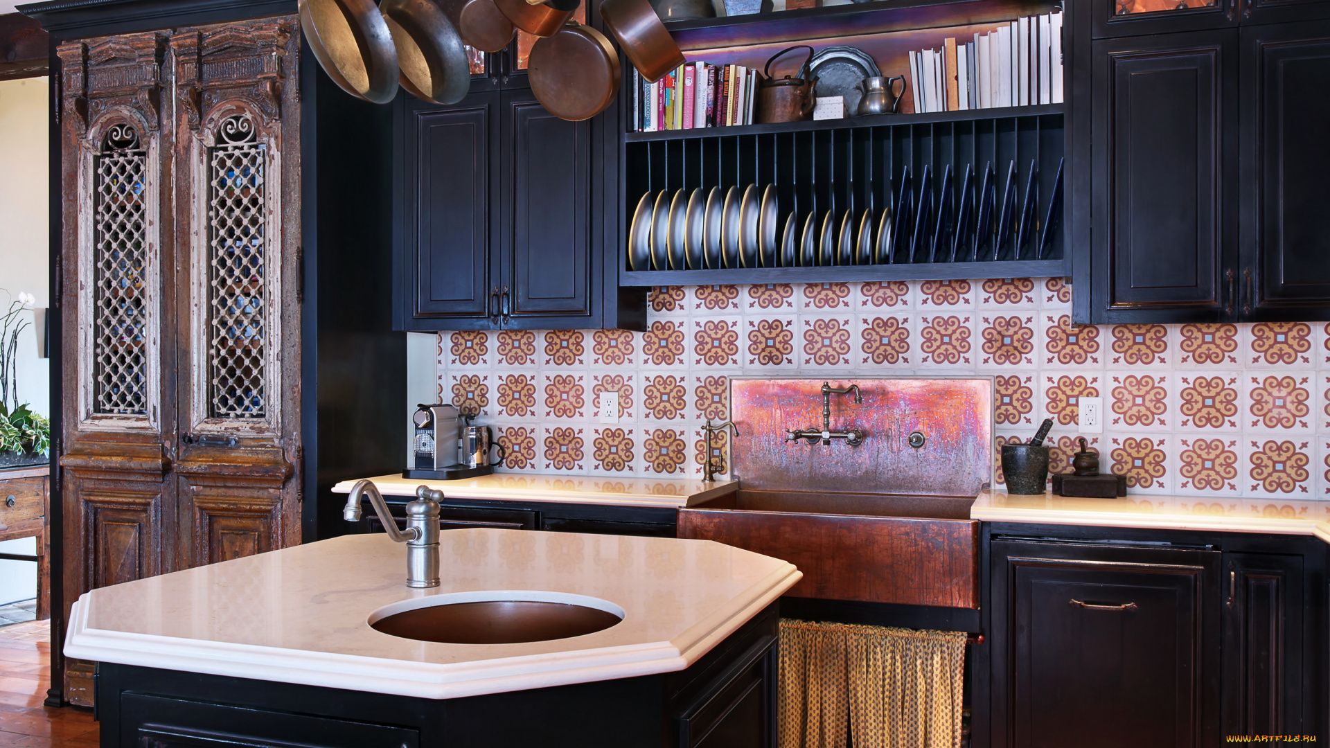 интерьер, кухня, посуда, стол, люстра, мебель, дизайн