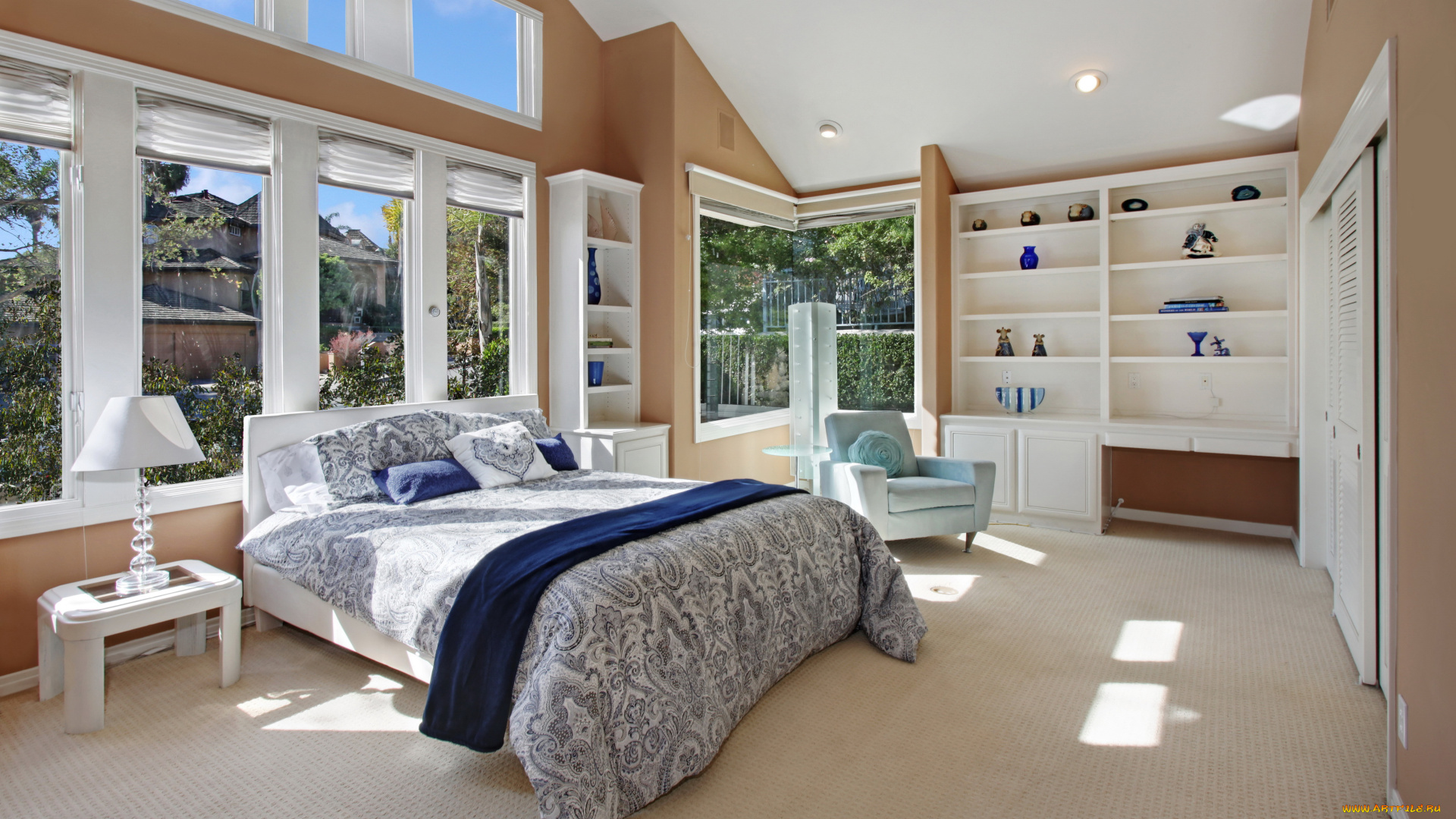 интерьер, спальня, дизайн, кровать, лампа