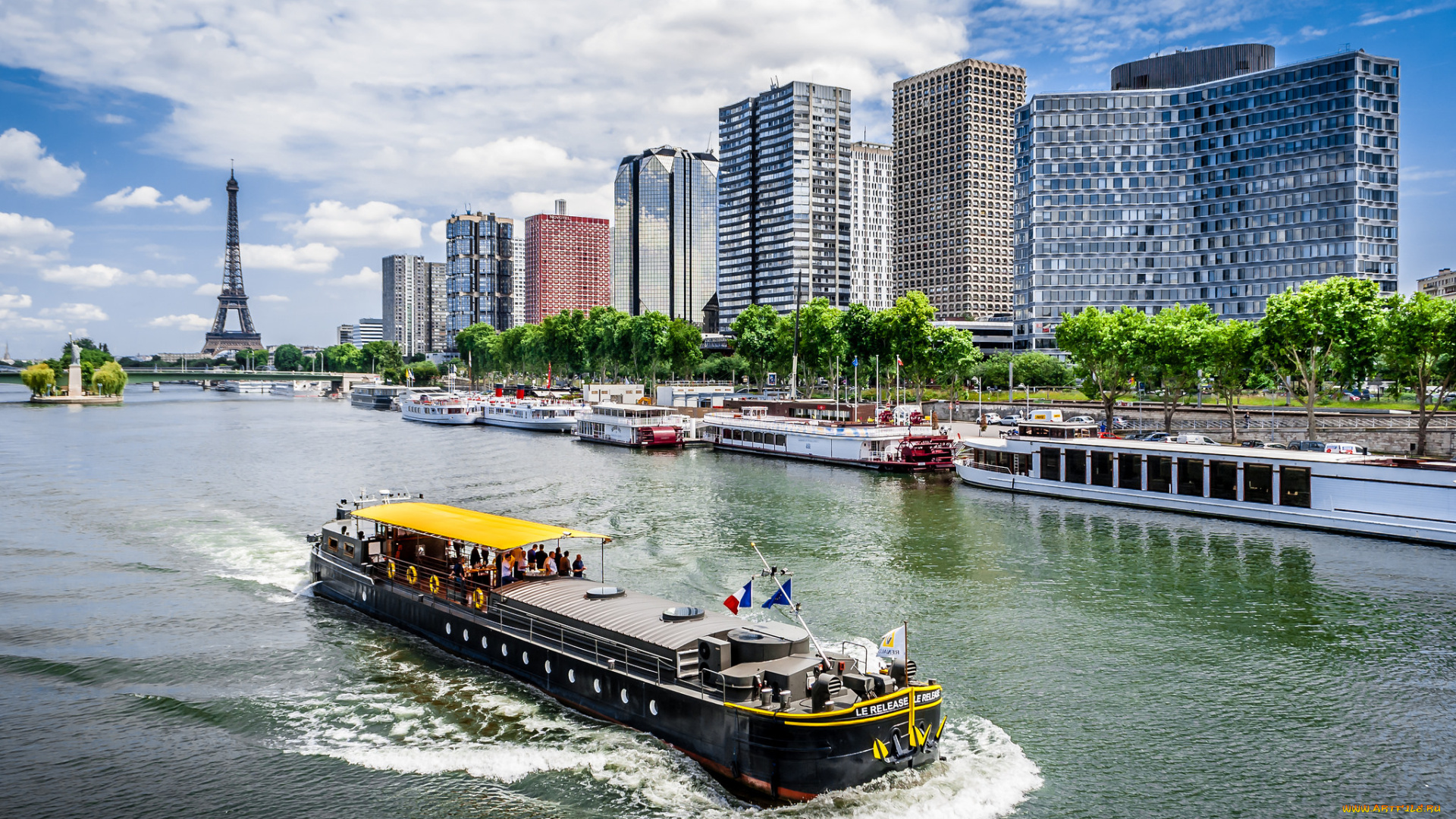 корабли, баржи, удно, река, город