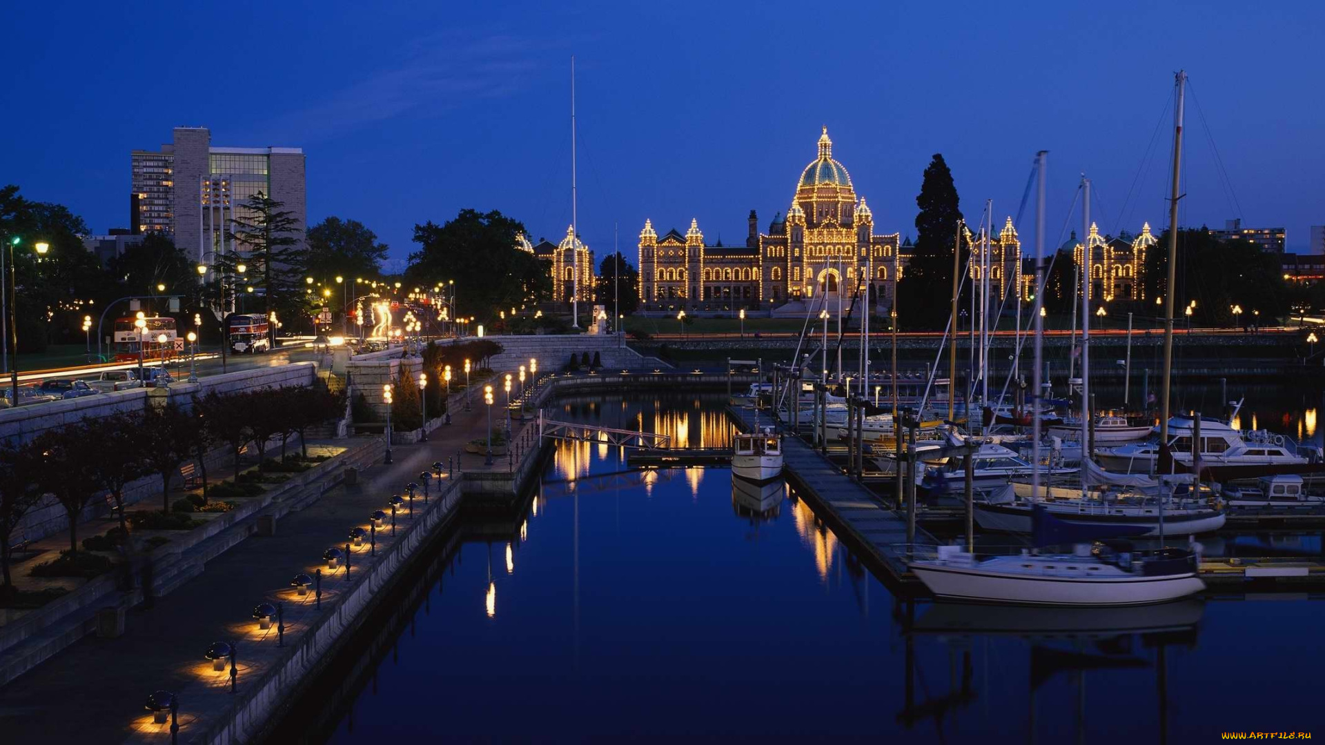 корабли, Яхты, яхты, набережная, причал, здания, дома, вечер, огни, город