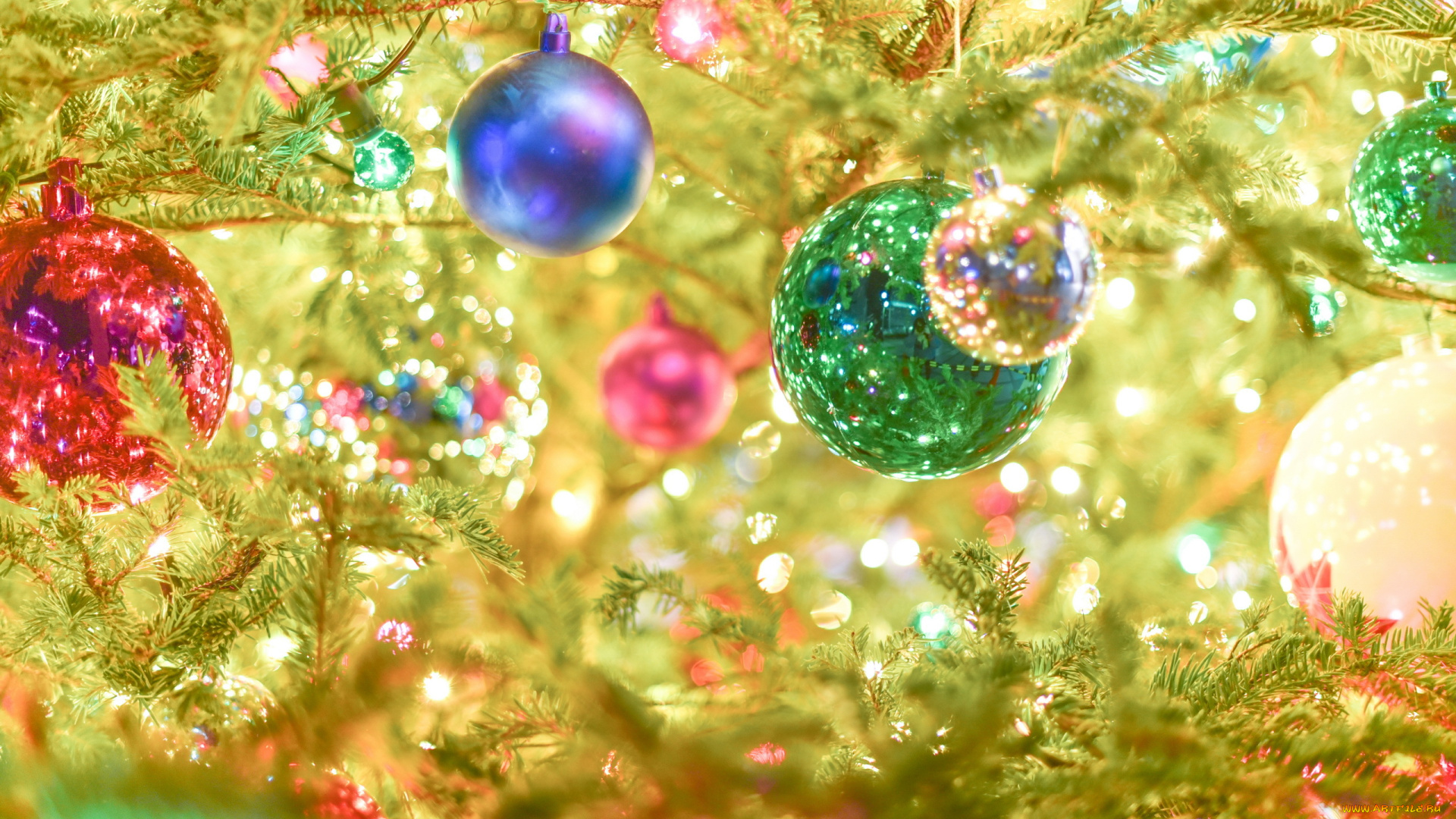 праздничные, шары, новый, ёлка, игрушки, год, огни, ярко