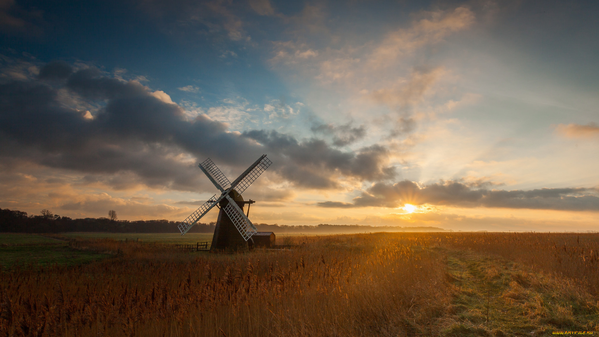 разное, мельницы, облака, утро, солнце, поле, мельница