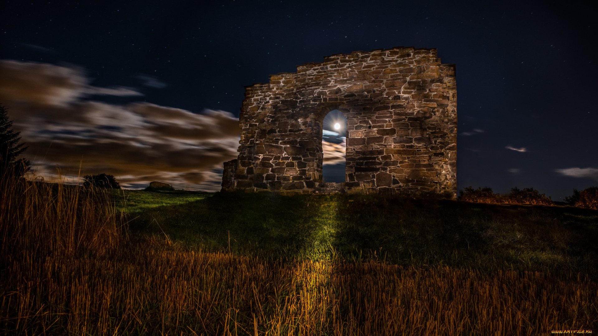 разное, развалины, , руины, , металлолом, луна, ночь, арка