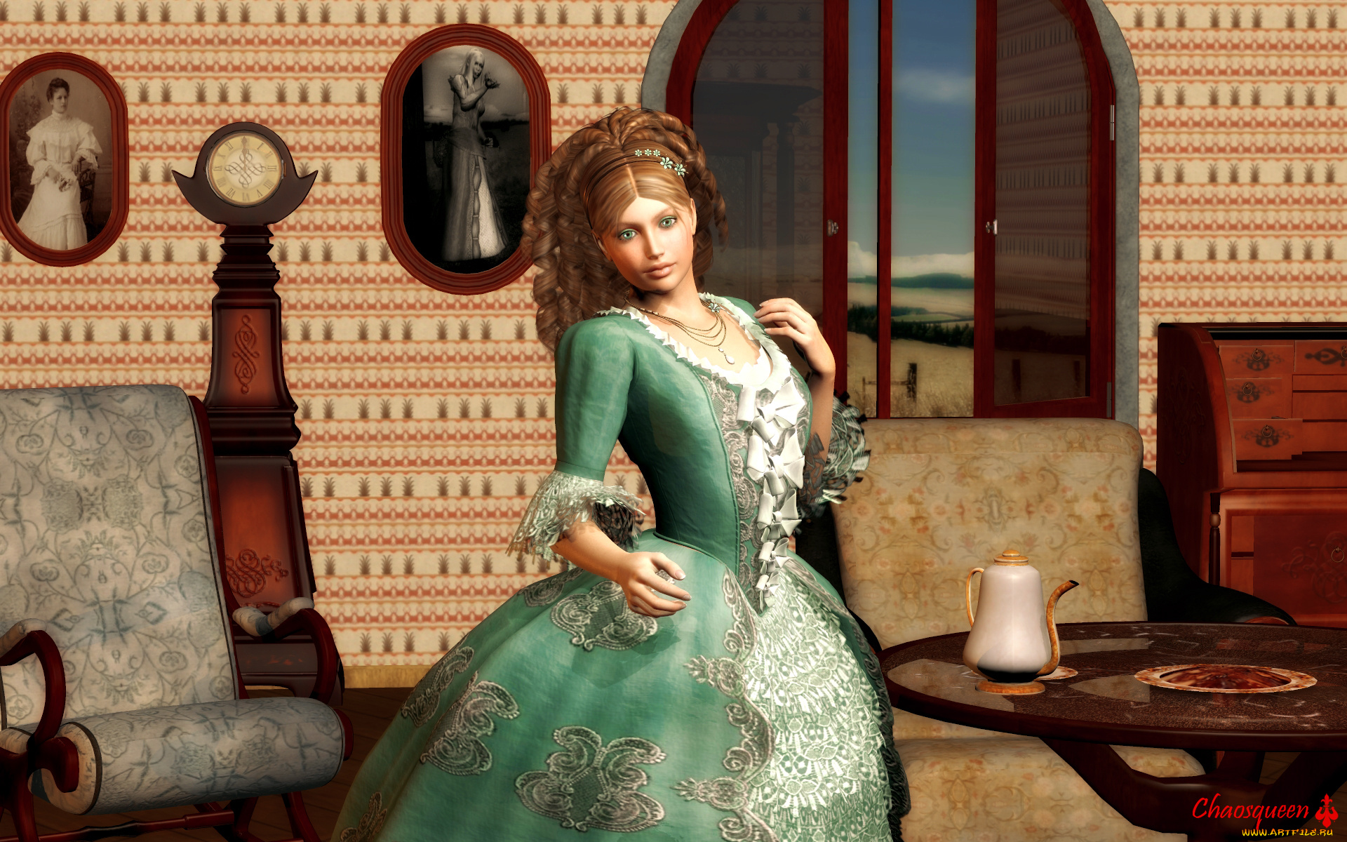 3д, графика, люди, , people, взгляд, чайник, фон, кресло, девушка