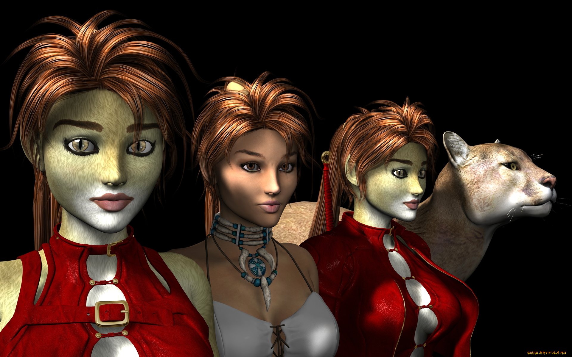 3д, графика, существа, , creatures, ягуар, девушки, взгляд, фон