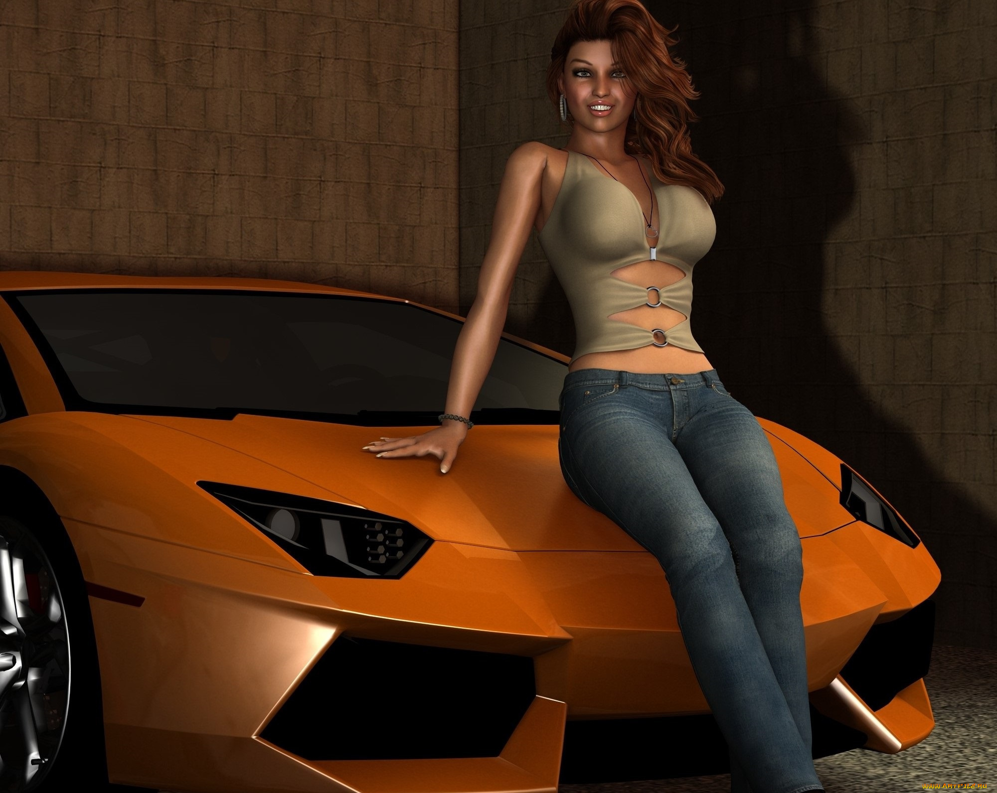 автомобили, 3d, car&girl, девушка, взгляд, фон, улыбка, автомобиль