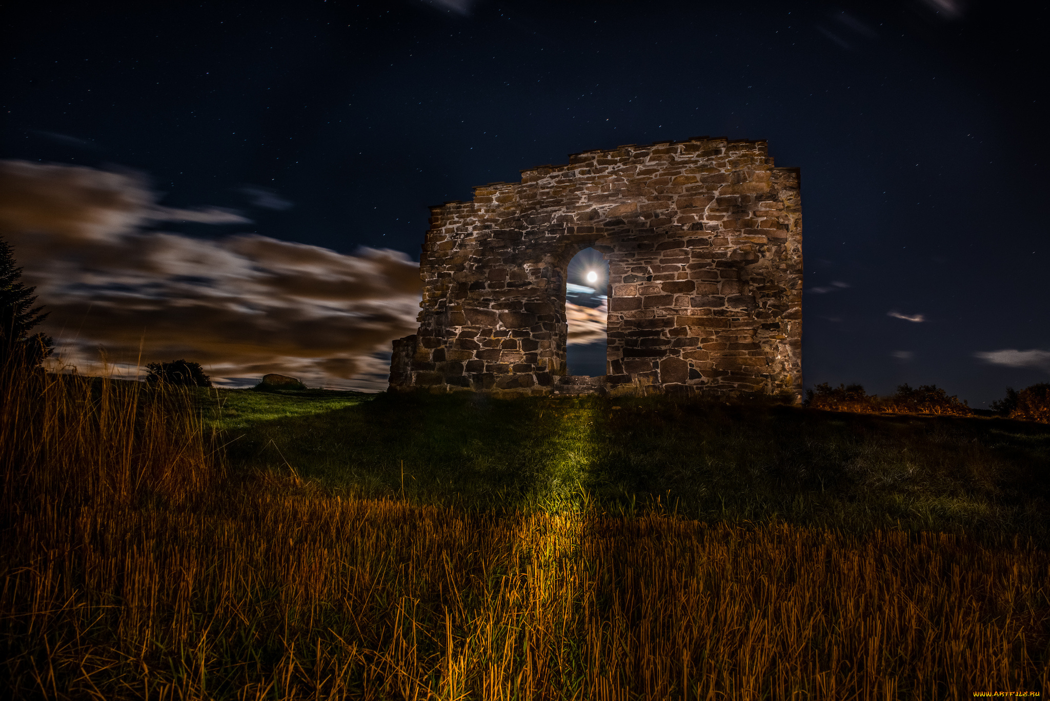 разное, развалины, , руины, , металлолом, луна, ночь, арка