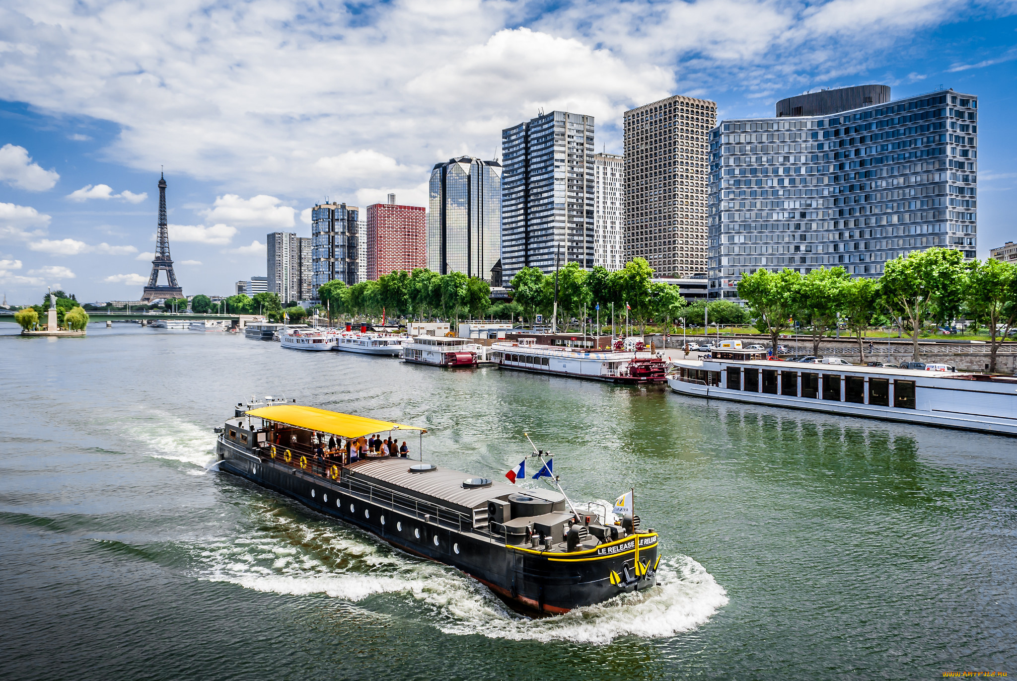 корабли, баржи, удно, река, город