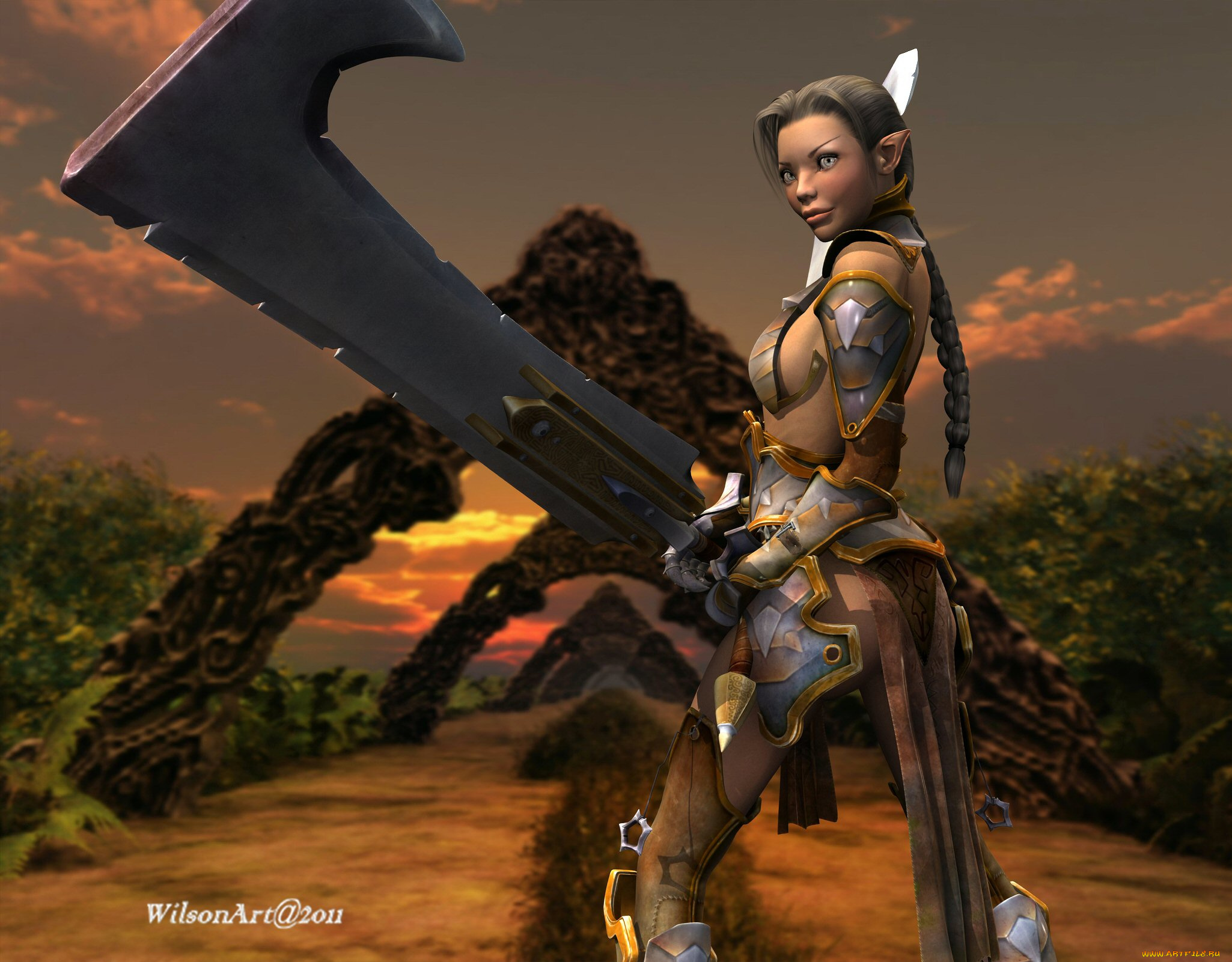 3д, графика, эльфы, , elves, взгляд, фон, оружие, эльфика