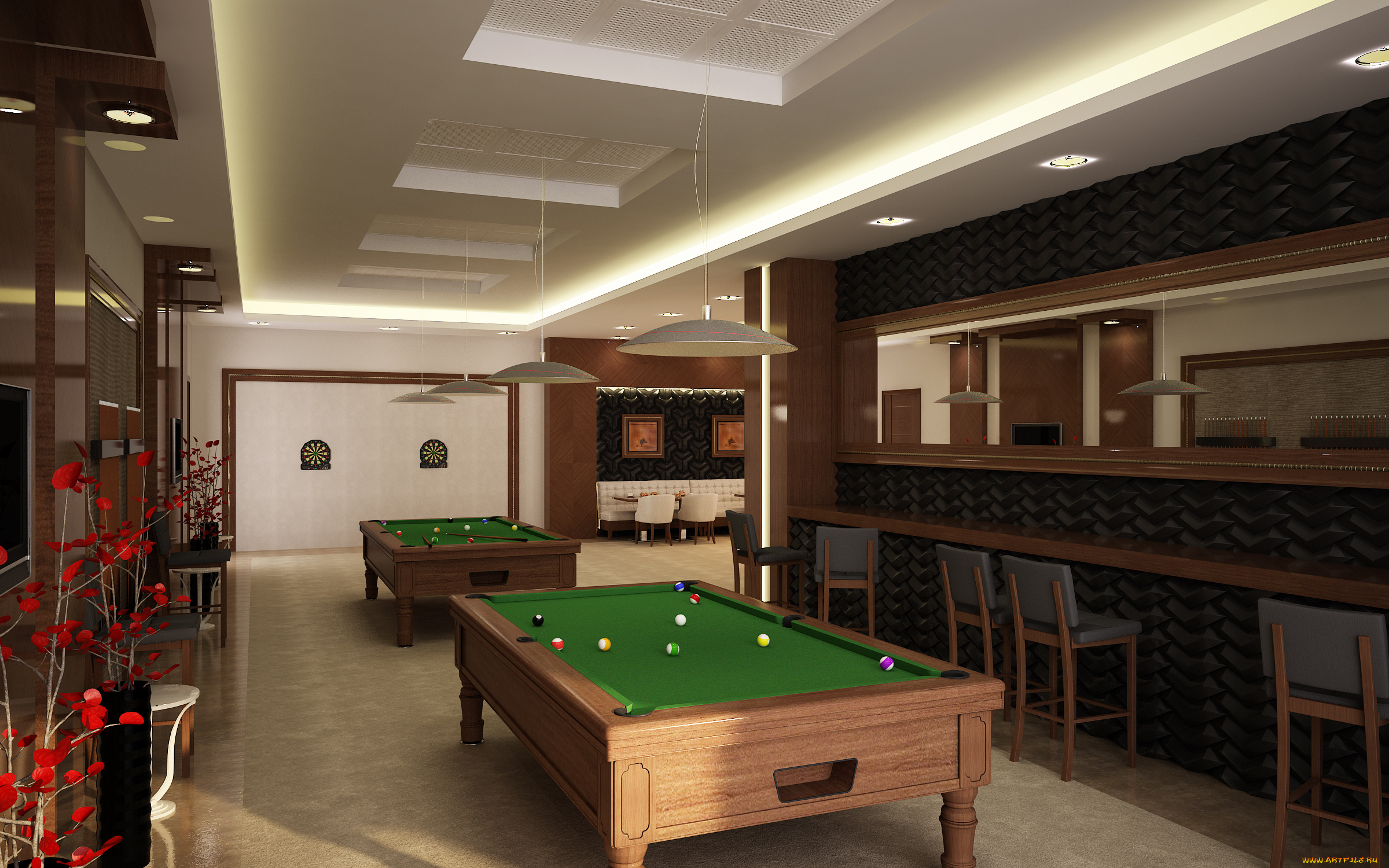 3д, графика, реализм, , realism, бильярдный, стол, зеркала, комната, шары
