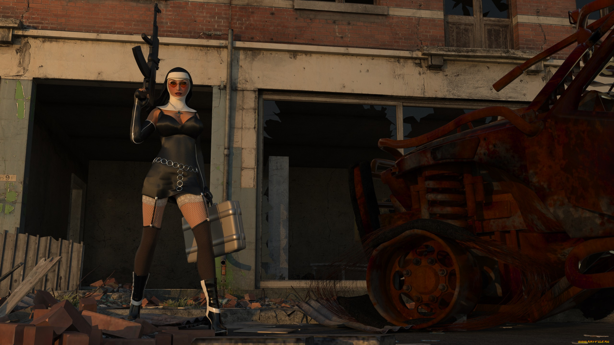 3д, графика, фантазия, , fantasy, автомобиль, монашка, оружие, чемодан