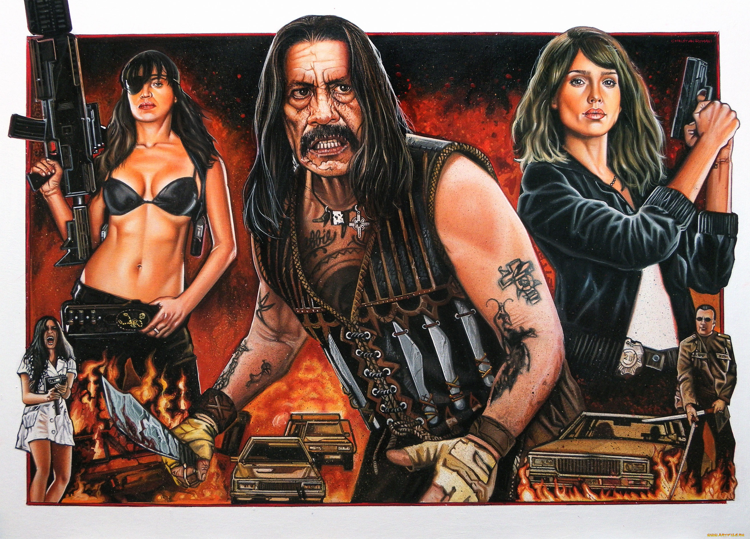 рисованное, кино, machete, danny, trejo, jessica, alba, michelle, rodriguez, cortez, sartana, luz