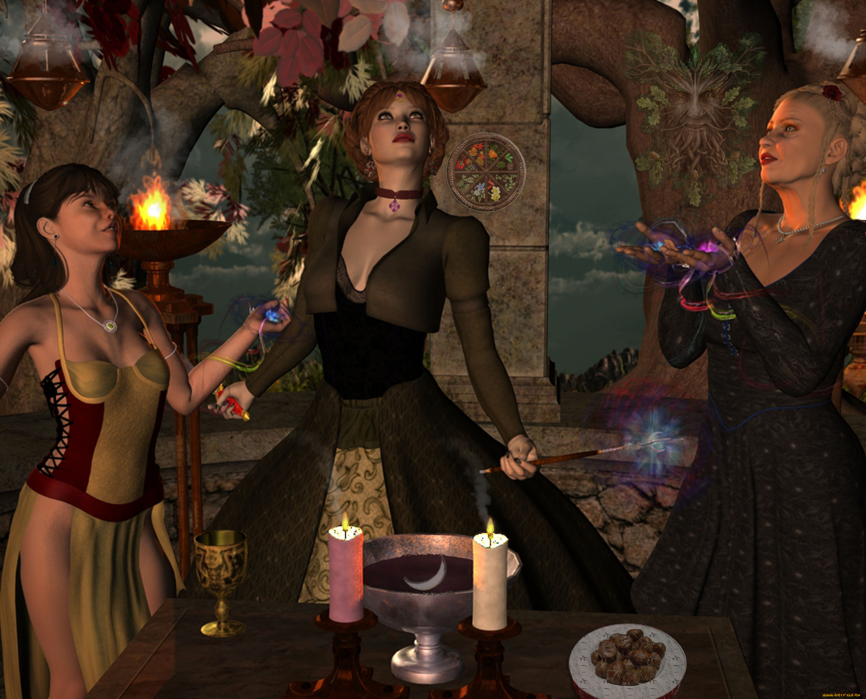 3д, графика, люди, , people, взгляд, девушки, свечи, стол, магия