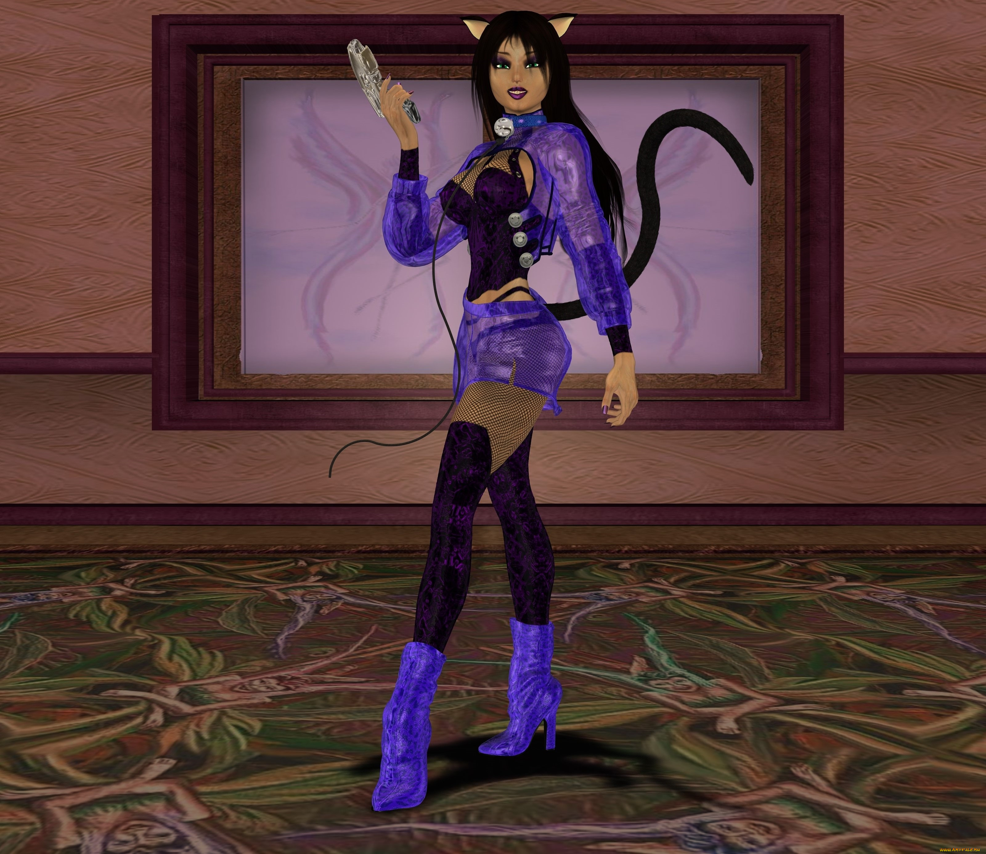 3д, графика, эльфы, , elves, хвост, оружие, фон, взгляд, эльфийка