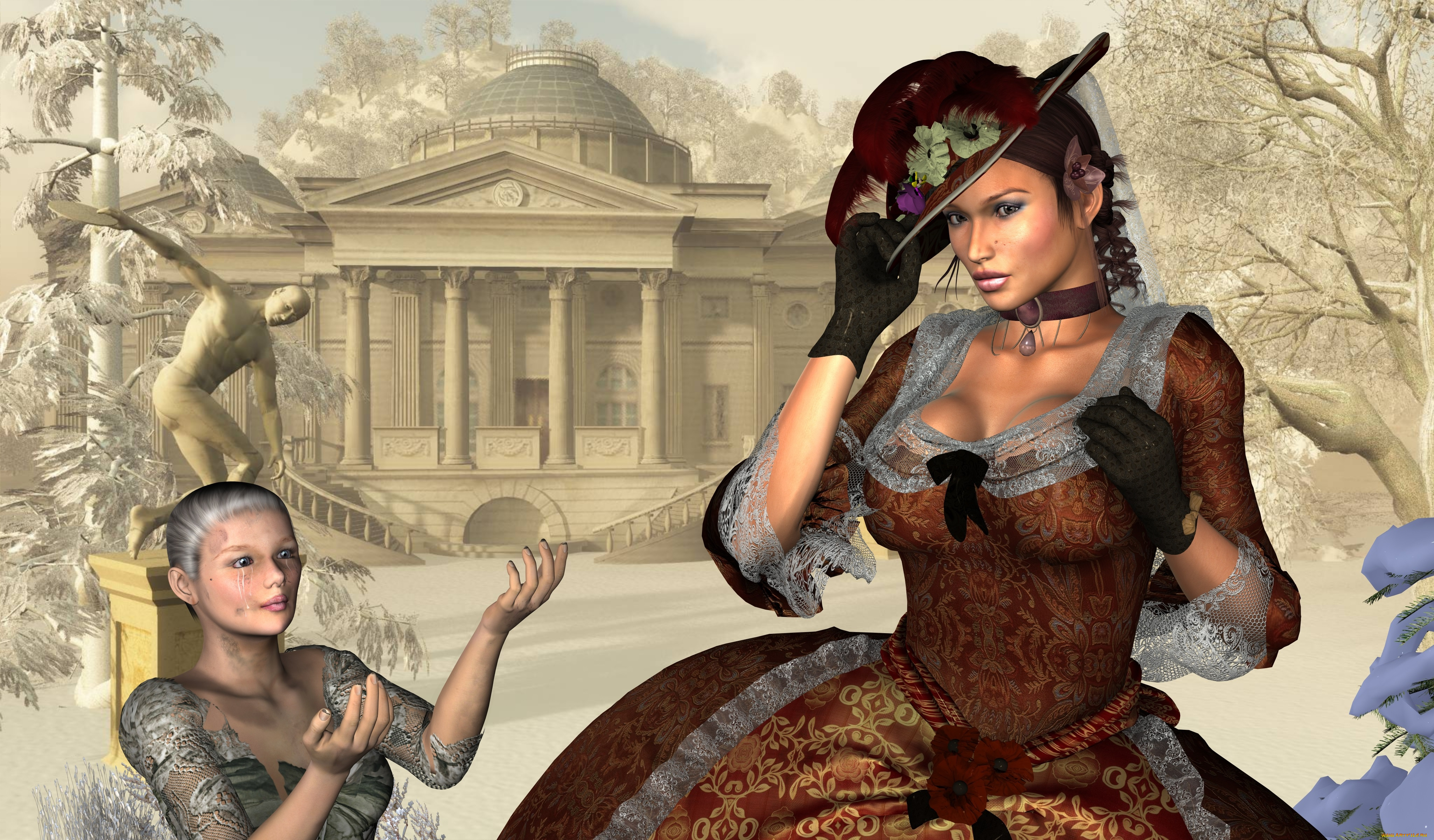 3д, графика, люди, , people, фон, взгляд, девушка, зима, скульптура, шляпа, деревья, замок